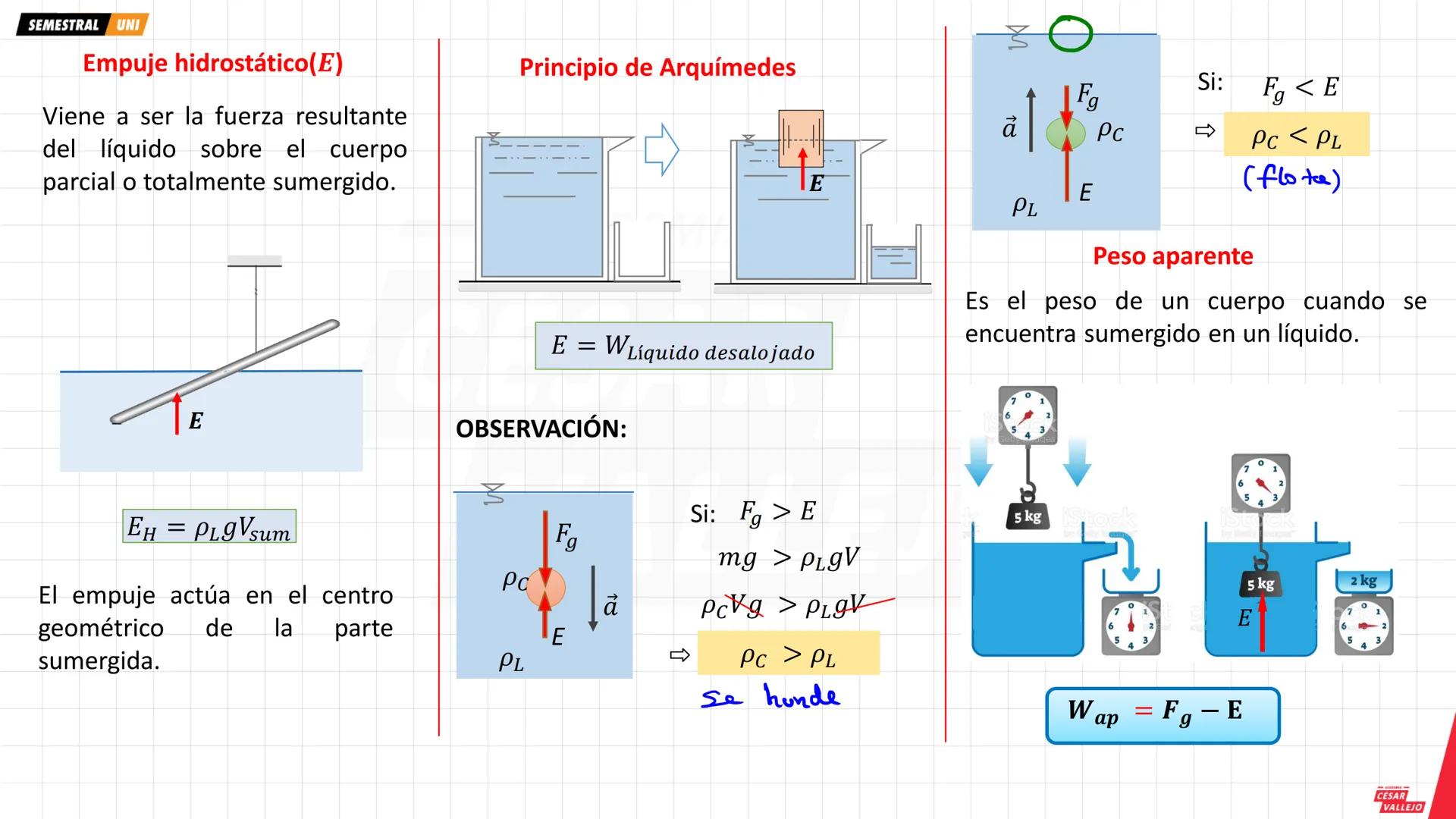 SEMESTRAL UNI
Objetivos
• Analizar las interacciones de los
fluidos en reposo, con otros cuerpos.
• Comprender el concepto de presión
y los