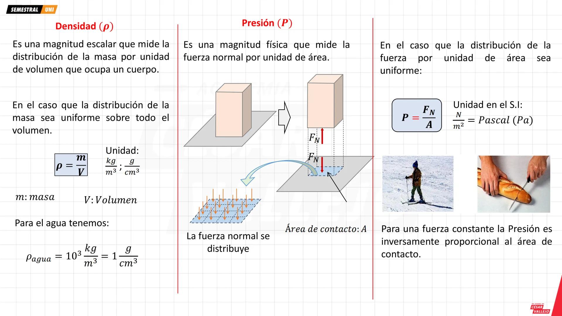 SEMESTRAL UNI
Objetivos
• Analizar las interacciones de los
fluidos en reposo, con otros cuerpos.
• Comprender el concepto de presión
y los