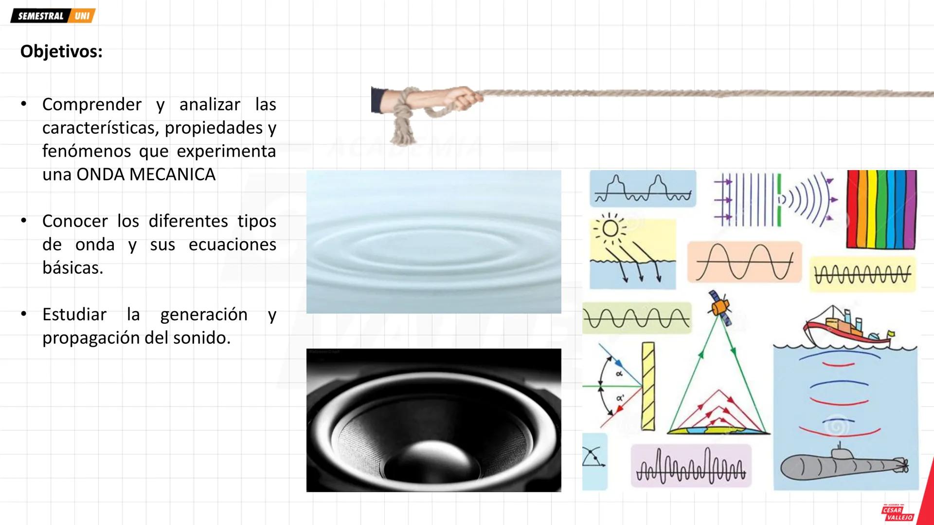 SEMESTRAL UNI
Objetivos:
• Comprender y analizar las
características, propiedades y
fenómenos que experimenta
una ONDA MECANICA
• Conocer lo