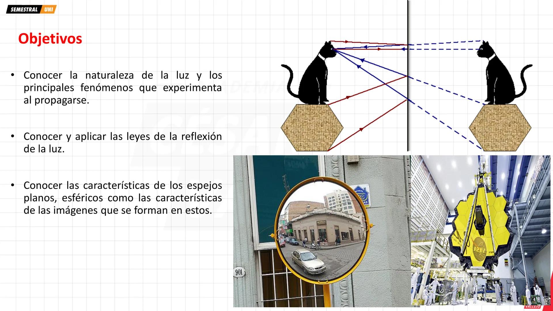 SEMESTRAL UNI
•
Objetivos
Conocer la naturaleza de la luz y los
principales fenómenos que experimenta
al propagarse.
Conocer y aplicar las l
