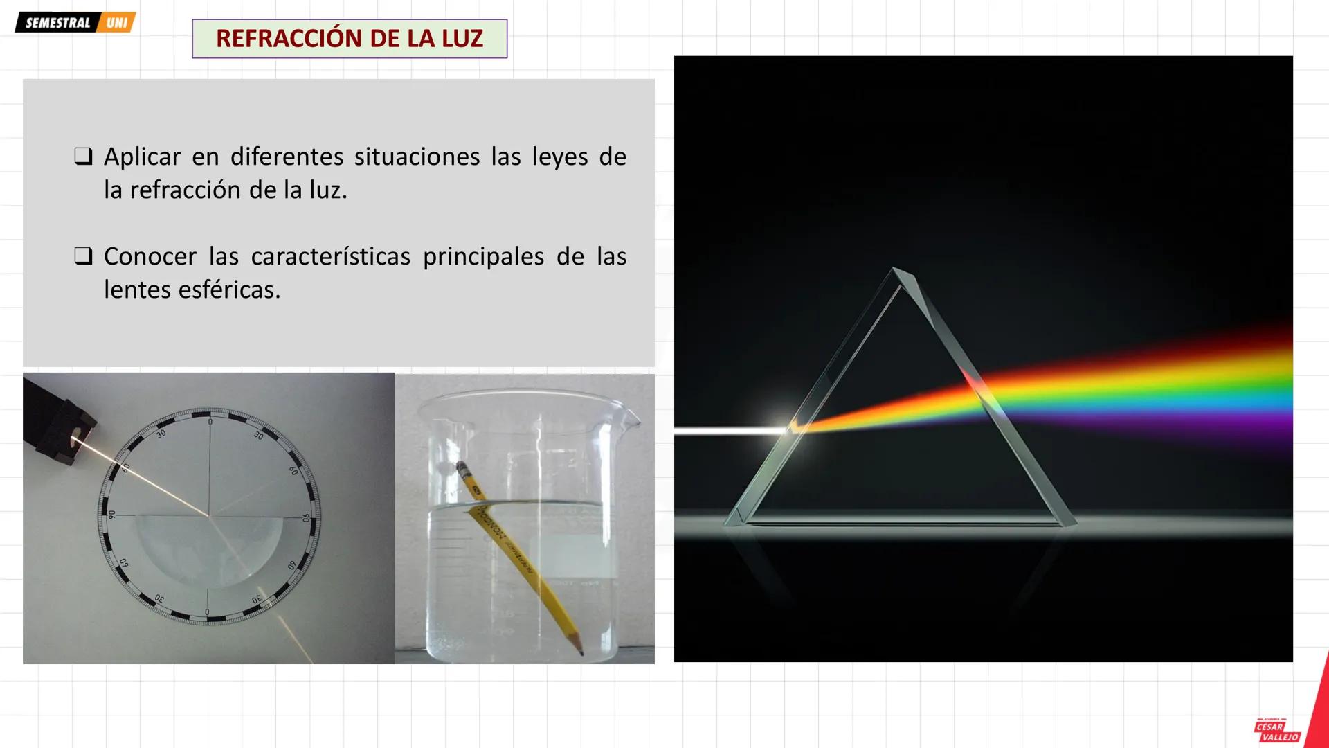 SEMESTRAL UNI
•
Objetivos
Conocer la naturaleza de la luz y los
principales fenómenos que experimenta
al propagarse.
Conocer y aplicar las l