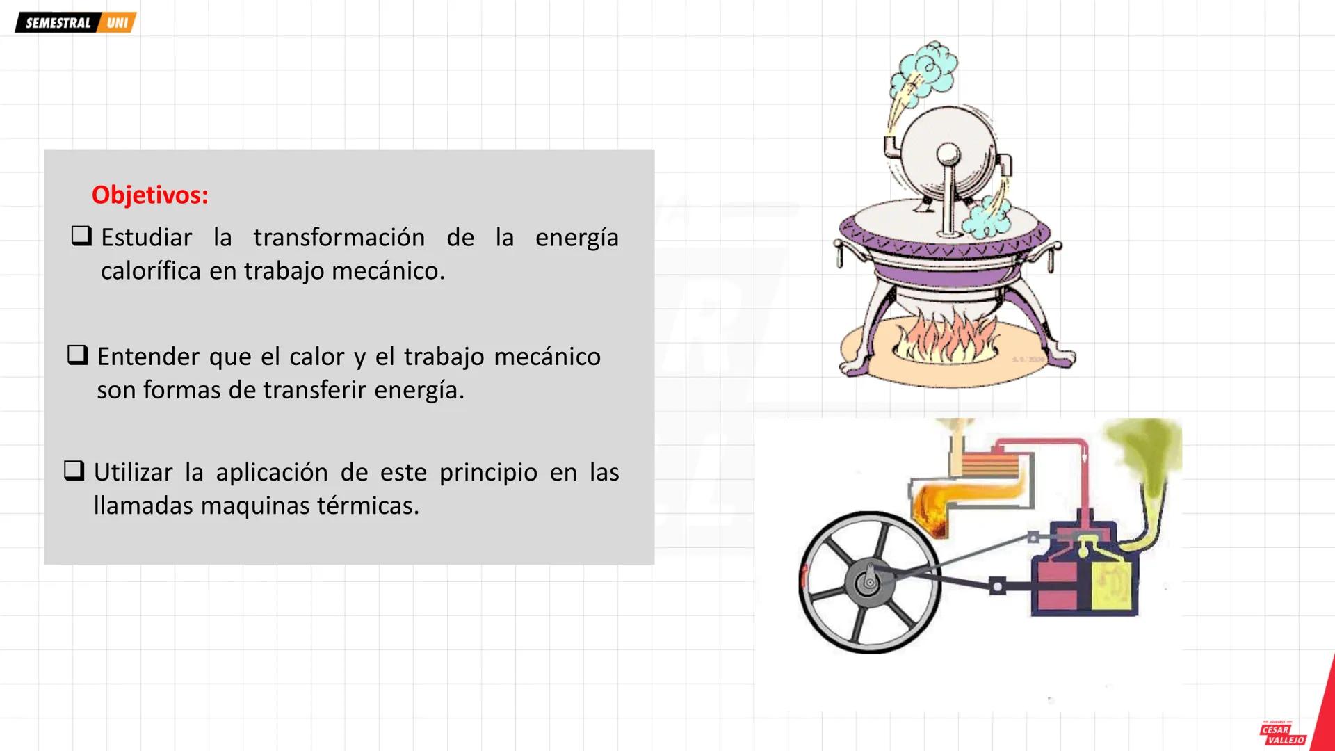 SEMESTRAL UNI
Objetivos:
- Estudiar la transformación de la energía
calorífica en trabajo mecánico.
- Entender que el calor y el trabajo mec