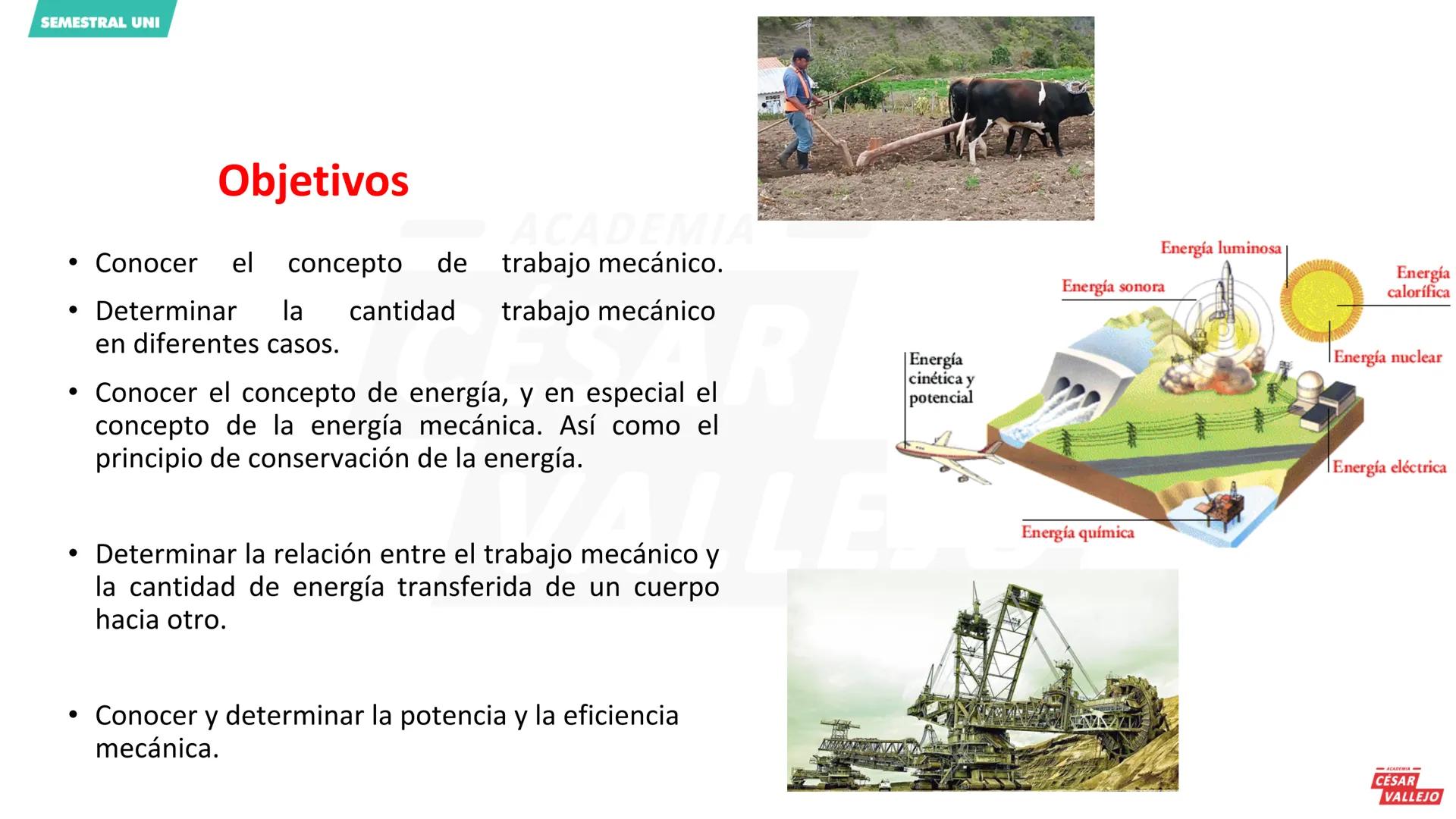 SEMESTRAL UNI
Objetivos
ACADEMIA
• Conocer el concepto de trabajo mecánico.
• Determinar la cantidad trabajo mecánico
en diferentes casos.
•