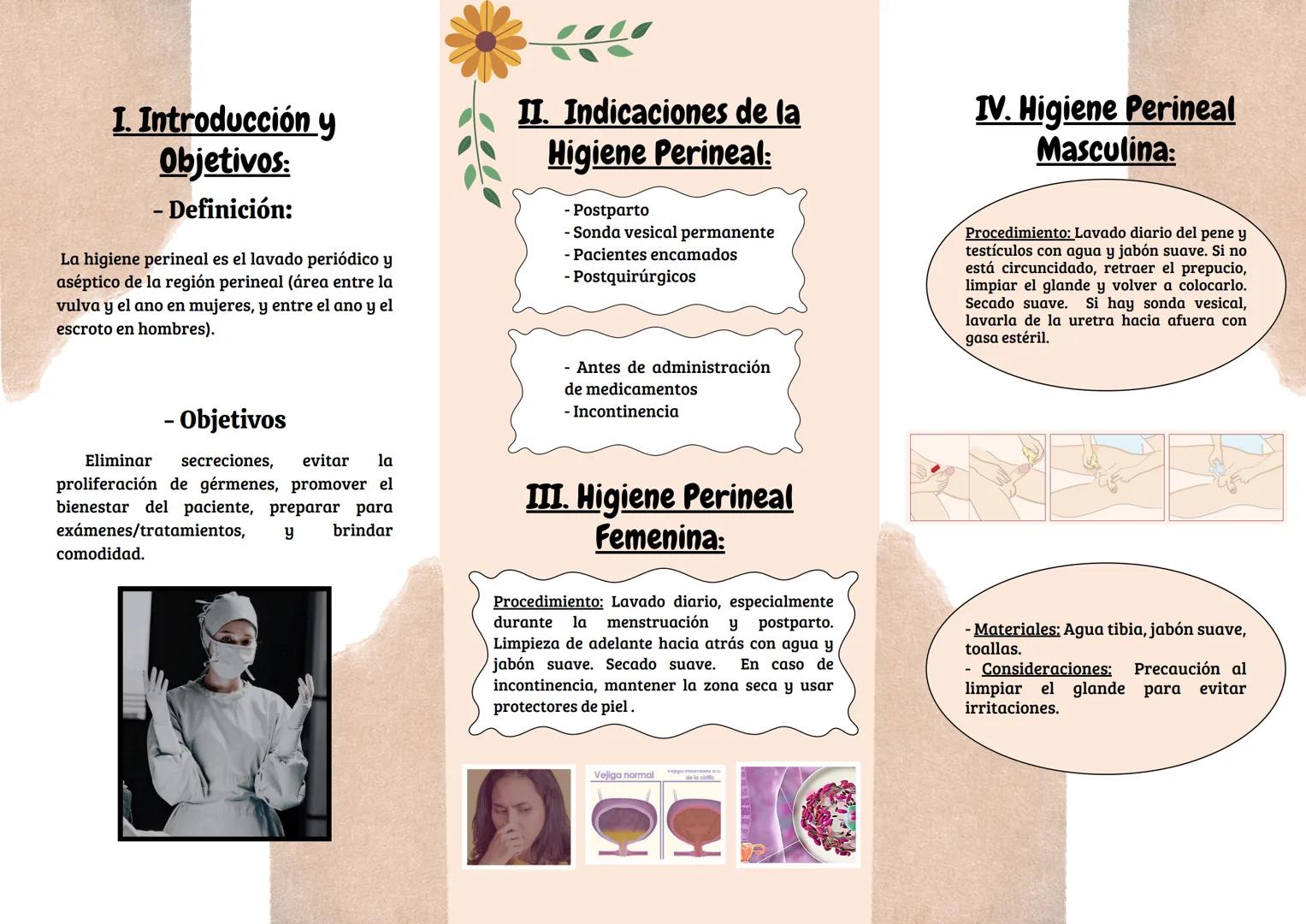 I. Introducción y
Objetivos:
- Definición:
La higiene perineal es el lavado periódico y
aséptico de la región perineal (área entre la
vulva