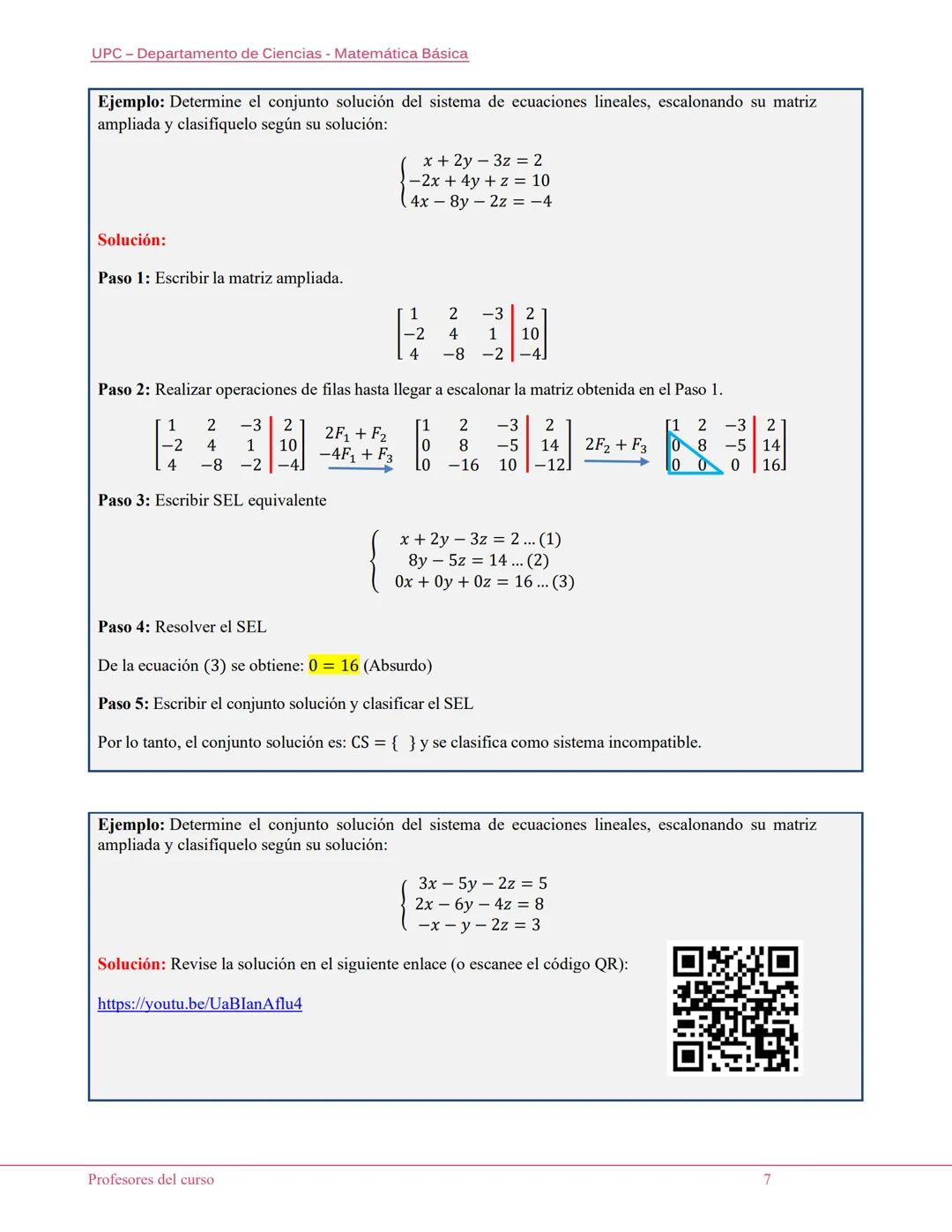UPC-Departamento de Ciencias - Matemática Básica
LECTURA: Sistemas de Ecuaciones
Lineales (SEL)
Introducción:
Los sistemas de ecuaciones lin