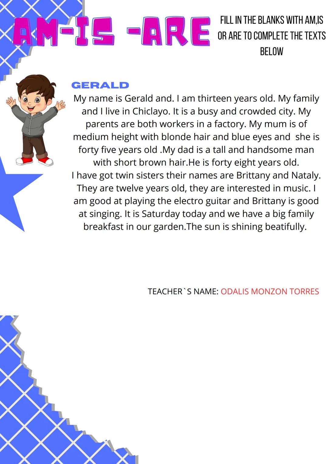 English Test-2nd Grade
STUDENT'S NAME:Camila Alejandra Rodas Salazar
GRADE/SECTION:2° "B"
I.PRONOUNS, POSSESSIVE ADJECTIVES, PRESENT
SIMPLE