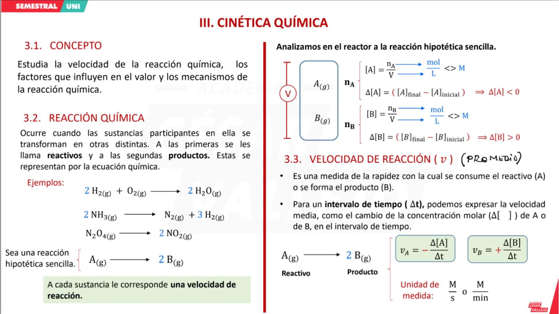 ACADEMIA
CÉSAR
VALLEJO
CICLO
SEMESTRAL
UNI
QUÍMICA
Tema: Cinética química
Docente: Chávez salas Artemio
academiacesarvallejo.edu.pe SEMES