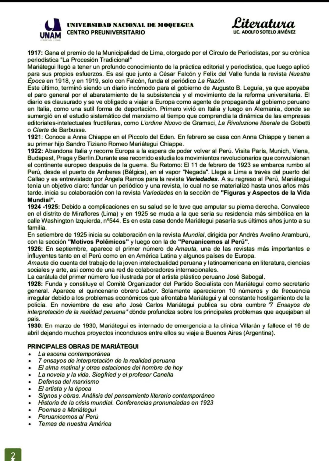 ## Literatura regional moqueguana
JOSE CARLOS MARIATEGUI LA CHIRA
Semana
3
José del Carmen Eliseo Mariátegui La Chira nació en Moquegua e