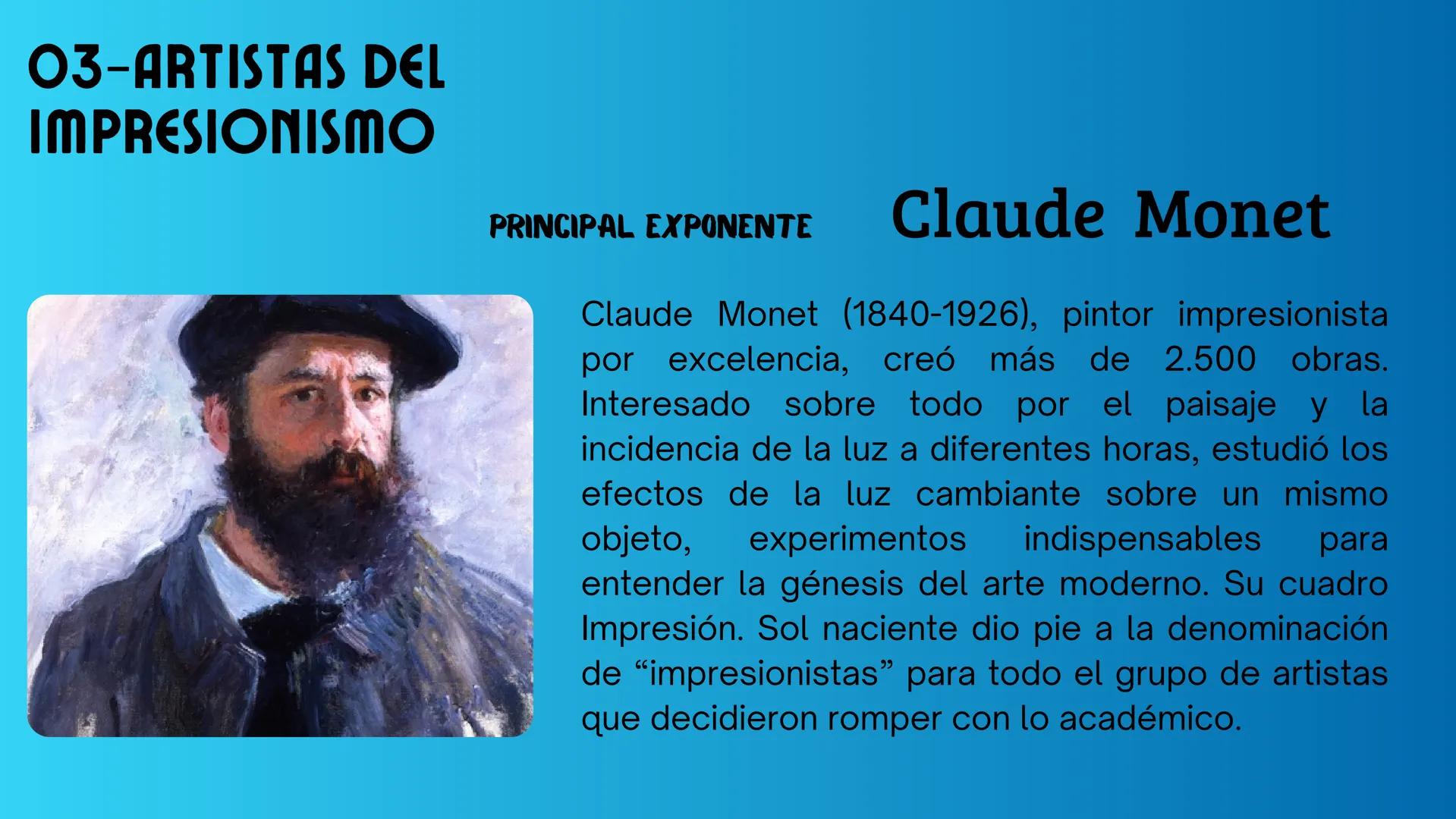 # HISTORIA DEL ARTE
# EL IMPRESIONISMO
Institución Educativa San Salvador
Trabajo de Zarai Ventocilla # CONTENIDOS
01 - Origen del impre