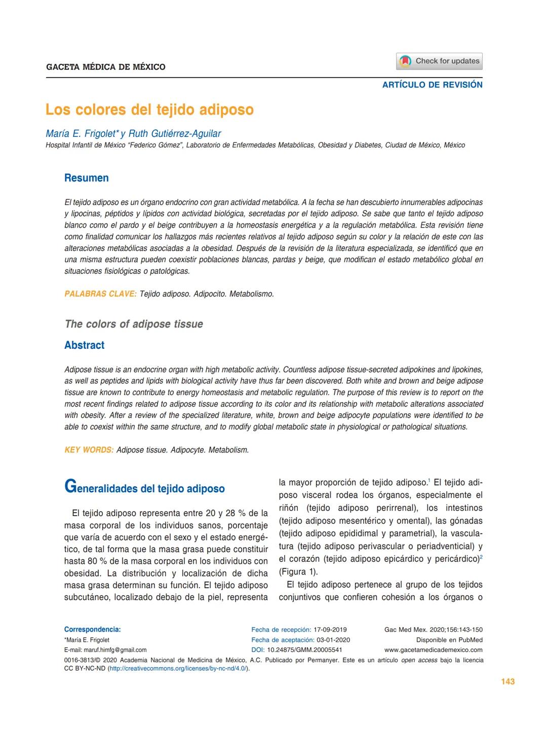 ## GACETA MÉDICA DE MÉXICO
Check for updates
ARTÍCULO DE REVISIÓN
## Los colores del tejido adiposo
María E. Frigolet* y Ruth Gutiérrez-