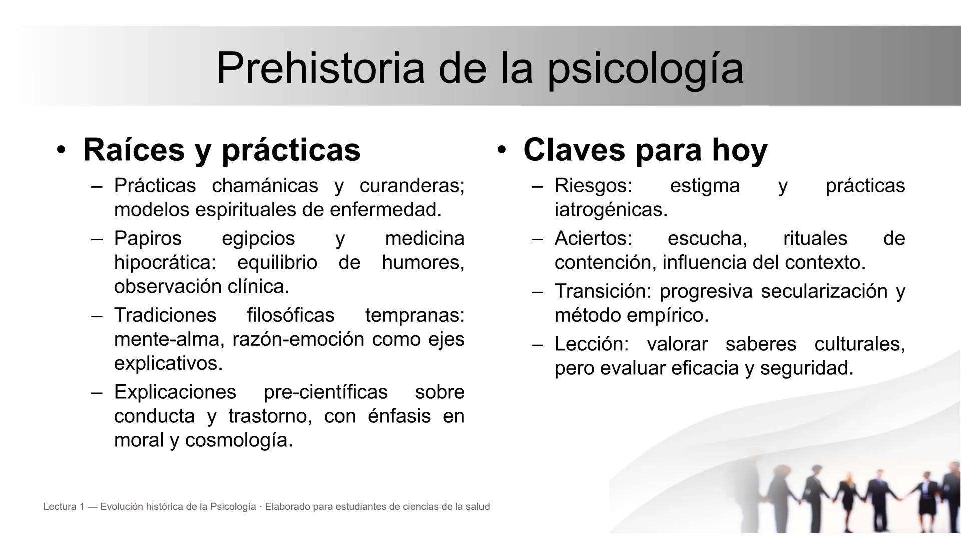 Evolución histórica de la Psicología
Prehistoria de la psicología • Historia de
la psicología • Hitos y corrientes
Lectura 1 — Evolución h