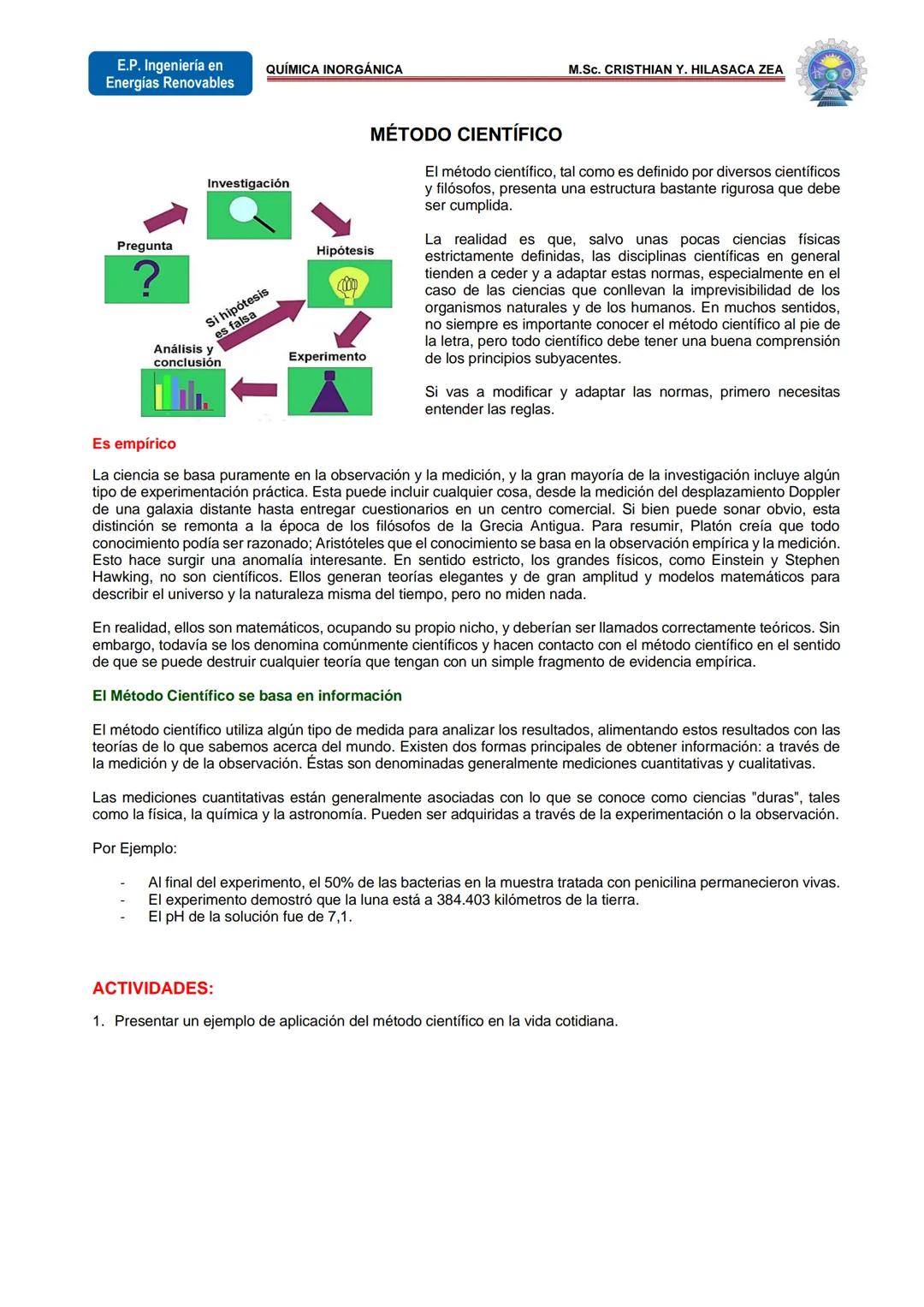 E.P. Ingeniería en QUÍMICA INORGÁNICA
Energías Renovables
Pregunta
MÉTODO CIENTÍFICO
Investigación
?
Análisis y
conclusión
Si hipótesis
es f