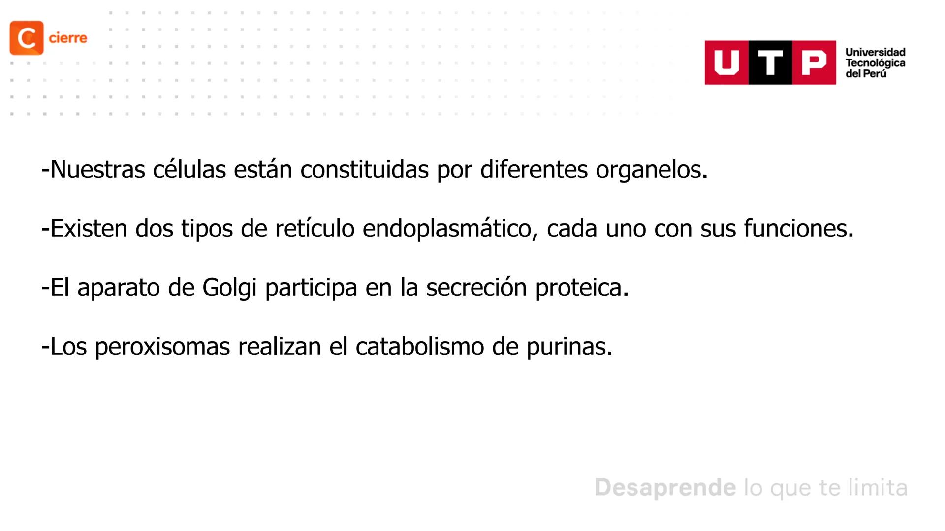 # BIOLOGIA CELULAR
EQUIPO DE DOCENTES ## MECANISMOS PARA EL METABOLISMO CELULAR.
Logro Sesión: Conocer las funciones de
peroxisomas, retíc