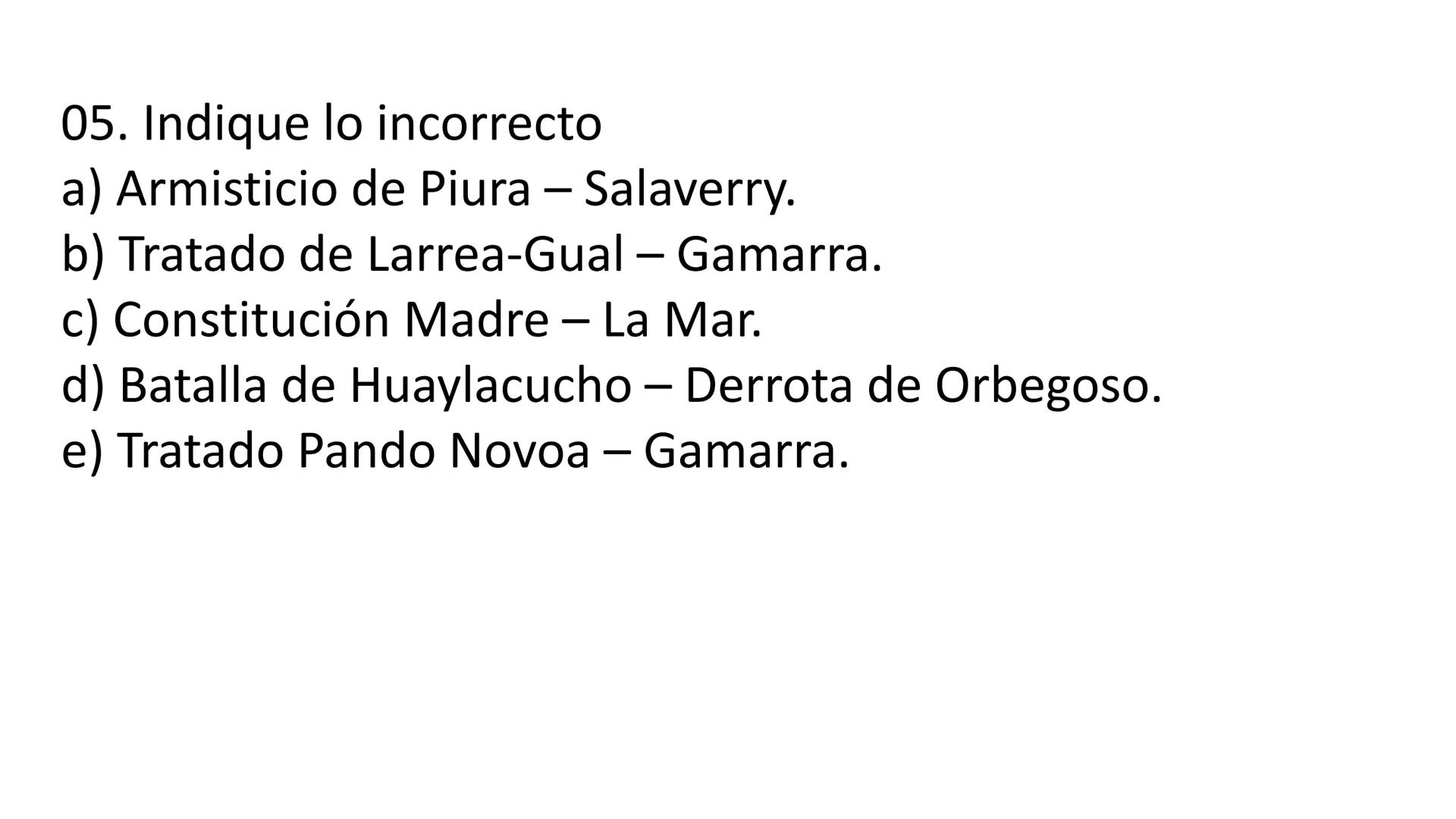 # CAPÍTULO 01:
PRIMER MILITARISMO 01. Luego de la guerra de Independencia del Perú y por la debilidad
administrativa, la fragmentación polí