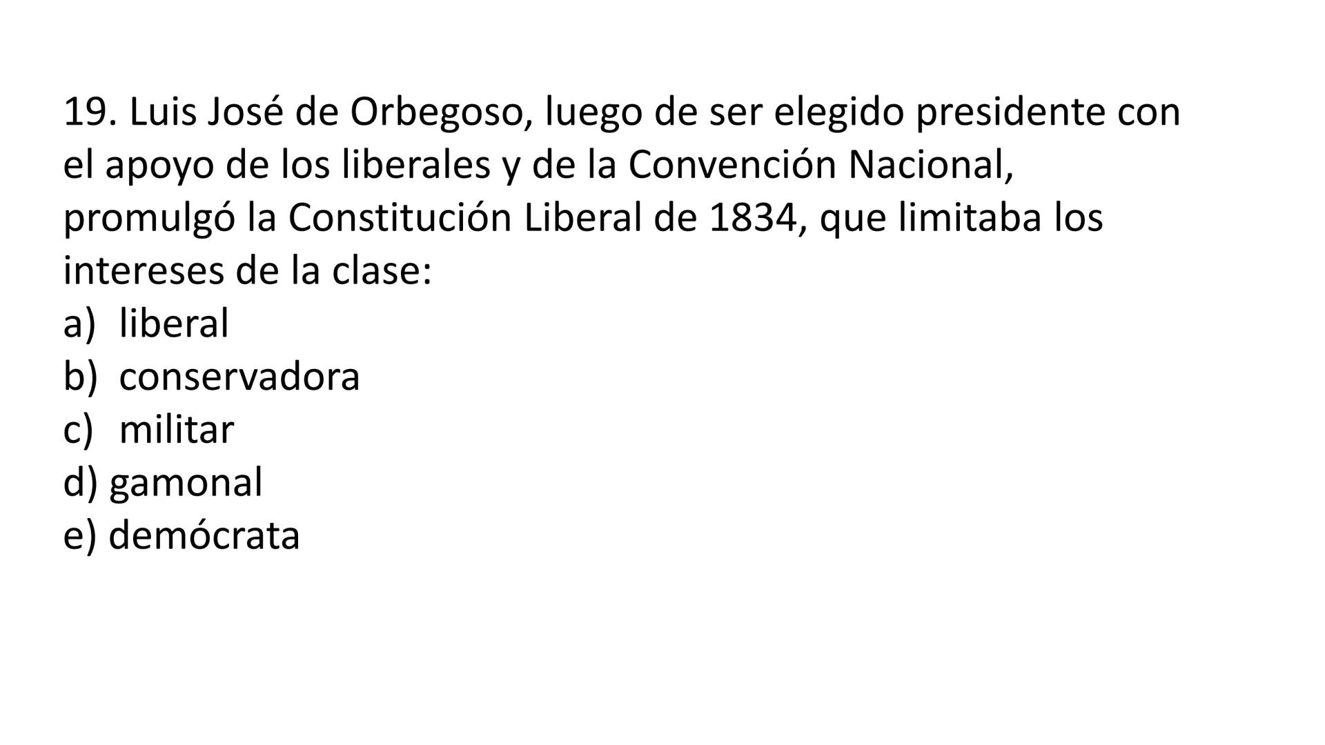 # CAPÍTULO 01:
PRIMER MILITARISMO 01. Luego de la guerra de Independencia del Perú y por la debilidad
administrativa, la fragmentación polí