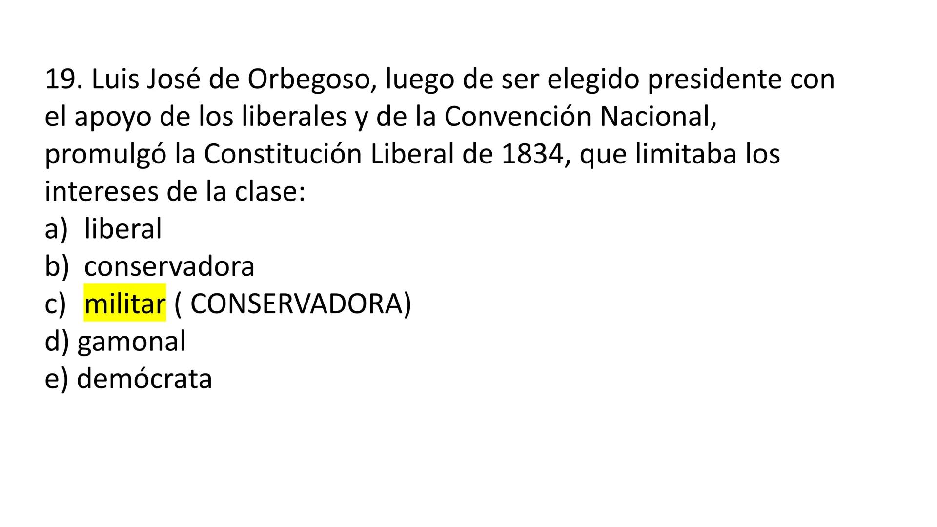 # CAPÍTULO 01:
PRIMER MILITARISMO 01. Luego de la guerra de Independencia del Perú y por la debilidad
administrativa, la fragmentación polí