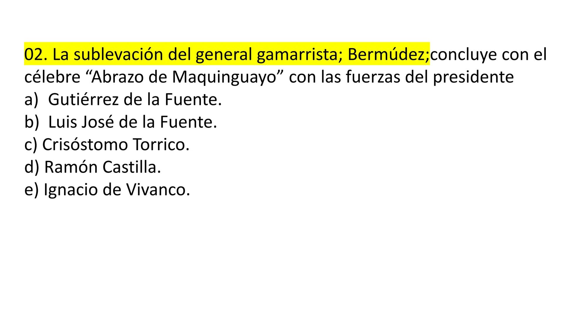 # CAPÍTULO 01:
PRIMER MILITARISMO 01. Luego de la guerra de Independencia del Perú y por la debilidad
administrativa, la fragmentación polí