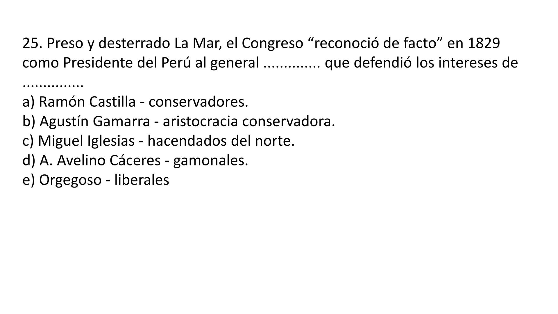 # CAPÍTULO 01:
PRIMER MILITARISMO 01. Luego de la guerra de Independencia del Perú y por la debilidad
administrativa, la fragmentación polí