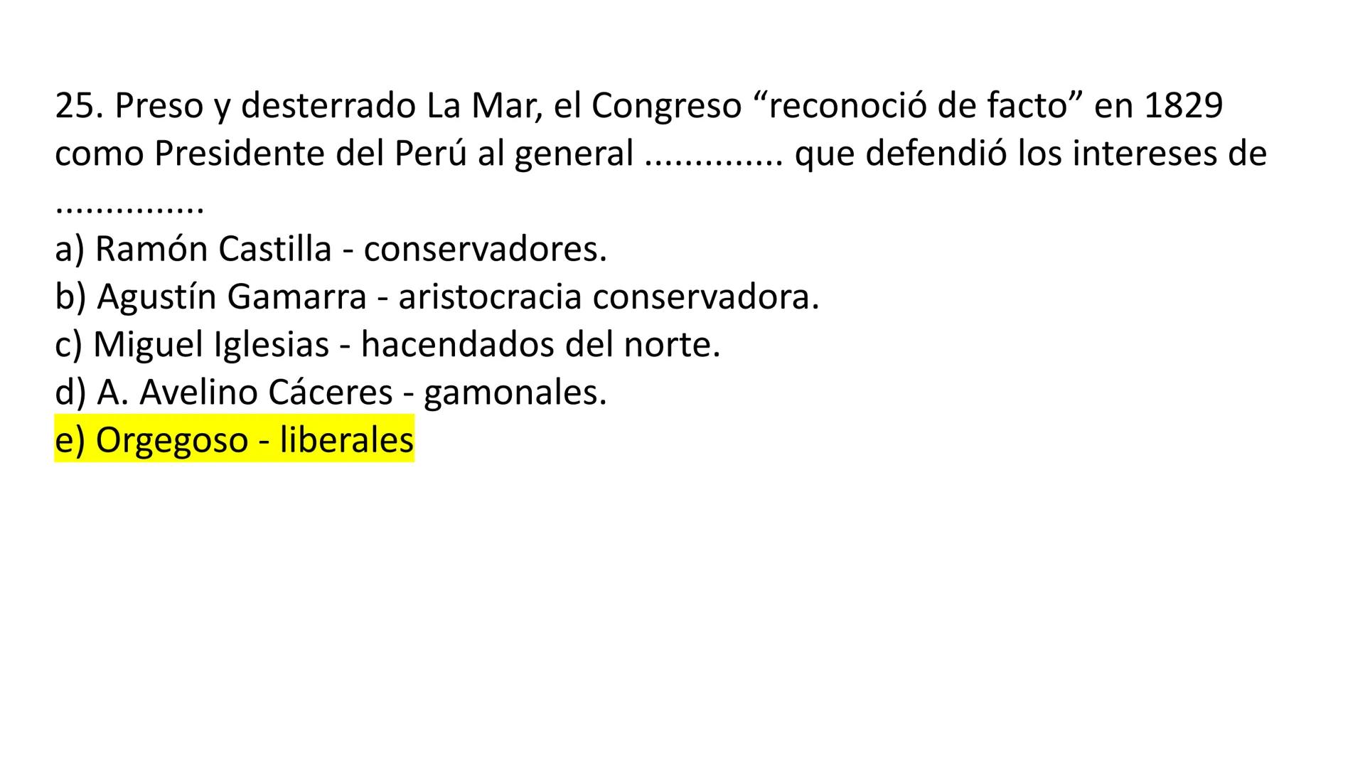 # CAPÍTULO 01:
PRIMER MILITARISMO 01. Luego de la guerra de Independencia del Perú y por la debilidad
administrativa, la fragmentación polí