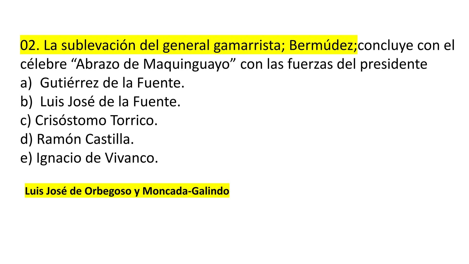 # CAPÍTULO 01:
PRIMER MILITARISMO 01. Luego de la guerra de Independencia del Perú y por la debilidad
administrativa, la fragmentación polí