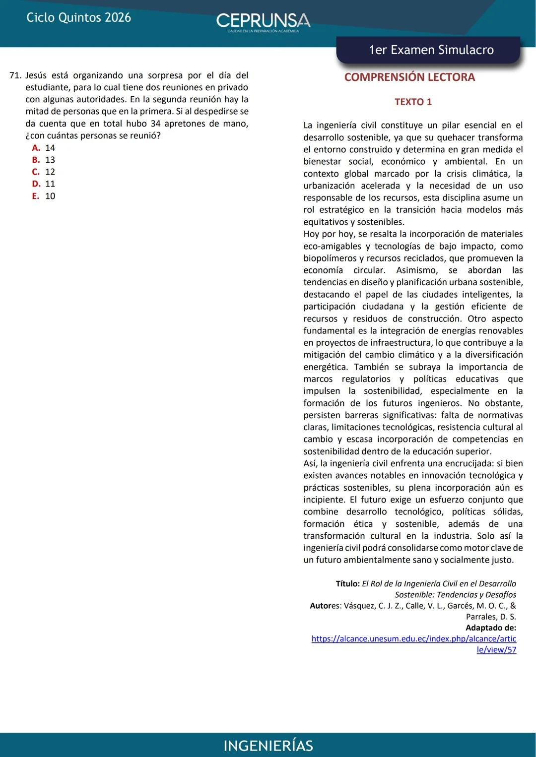 LA PROFESION
ERIA
MARC AQUISE
ESCUELA PROFESIONAL
DE INGENERA CIVL
EXAMEN
SIMULACRO
INGENIERÍAS
UNSA
UNIVERSIDAD NACIONAL DE SAN AGUSTIN