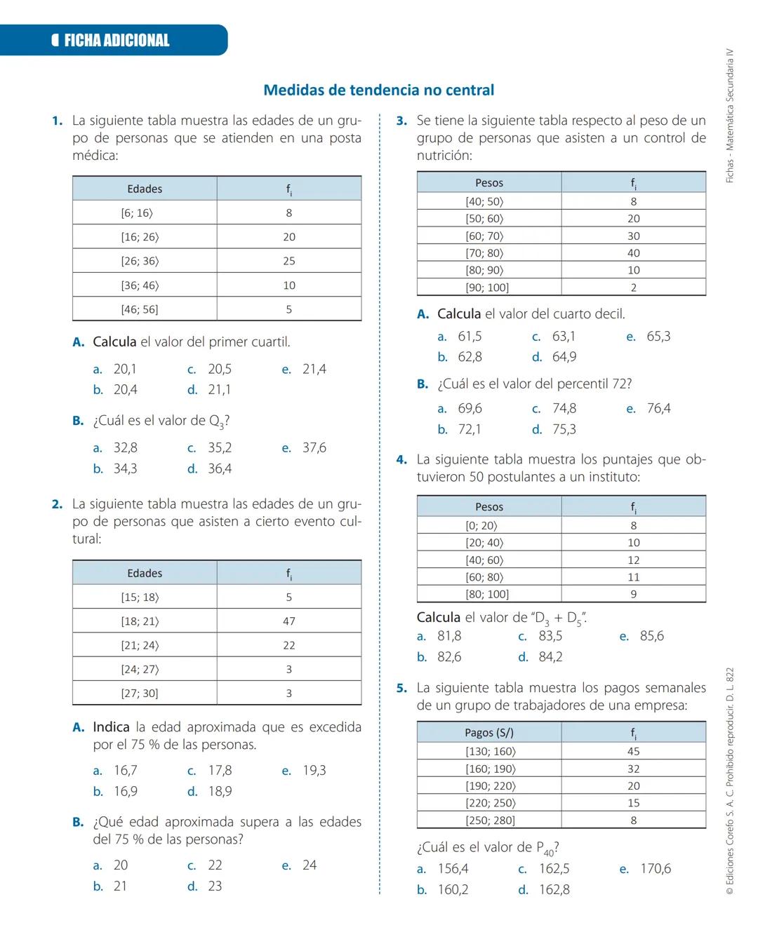 # FICHA ADICIONAL
## Medidas de tendencia no central
1. La siguiente tabla muestra las edades de un gru-
po de personas que se atienden en