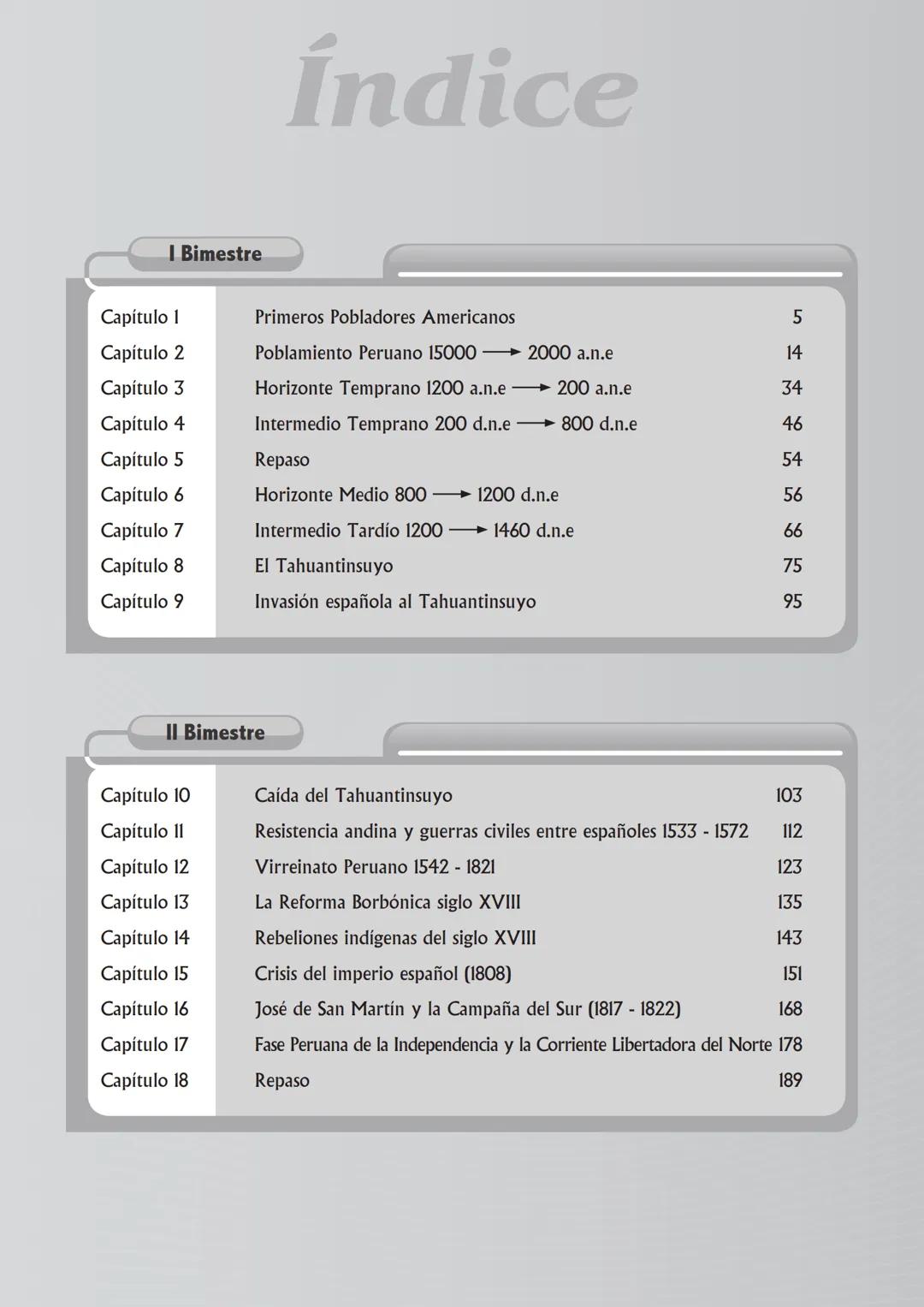 Colegios
# TRILCE
5.º San Marcos
Historia del Perú # Índice
I Bimestre
Capítulo 1
Primeros Pobladores Americanos
5
Capítulo 2
Poblamient