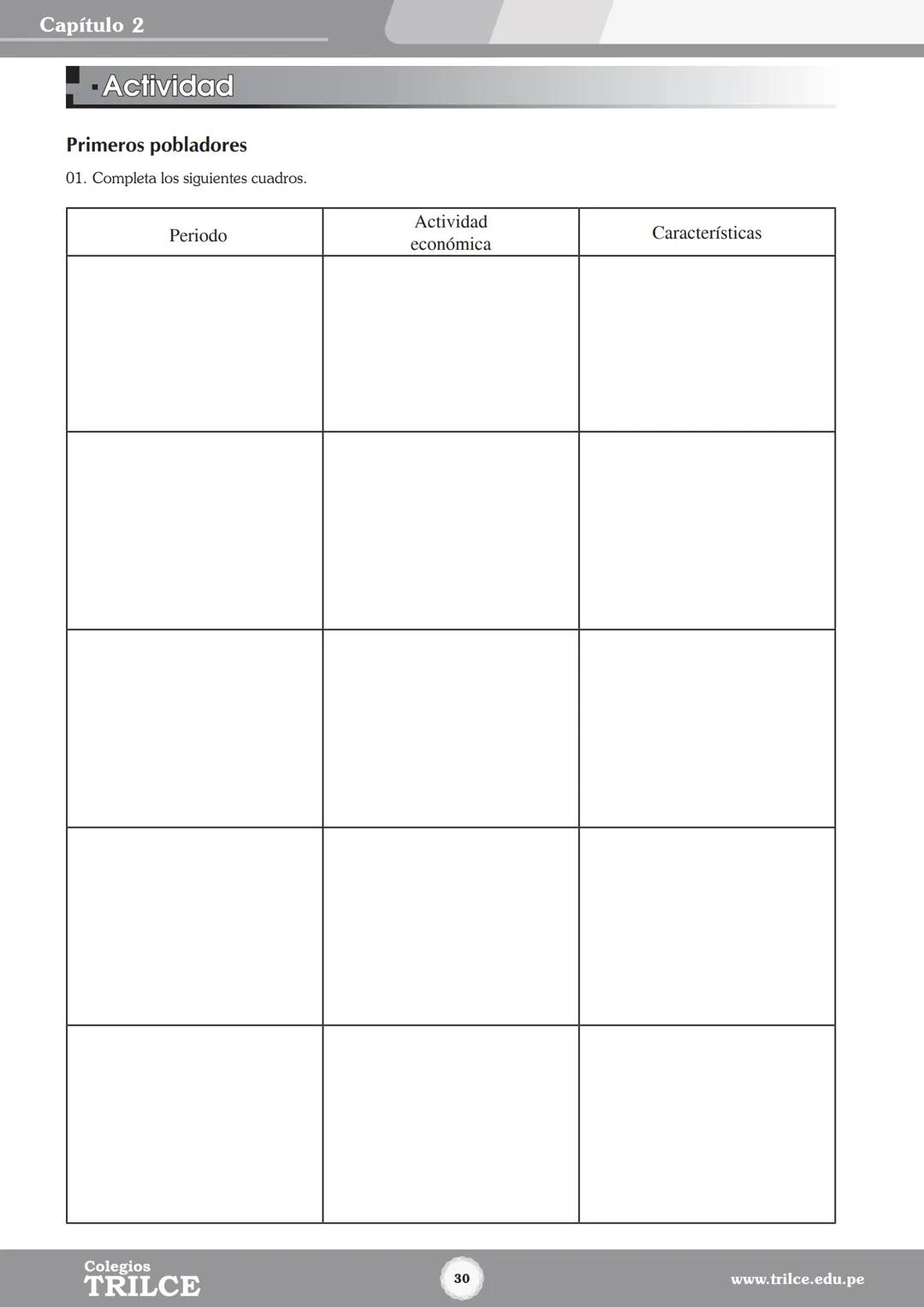 Colegios
# TRILCE
5.º San Marcos
Historia del Perú # Índice
I Bimestre
Capítulo 1
Primeros Pobladores Americanos
5
Capítulo 2
Poblamient