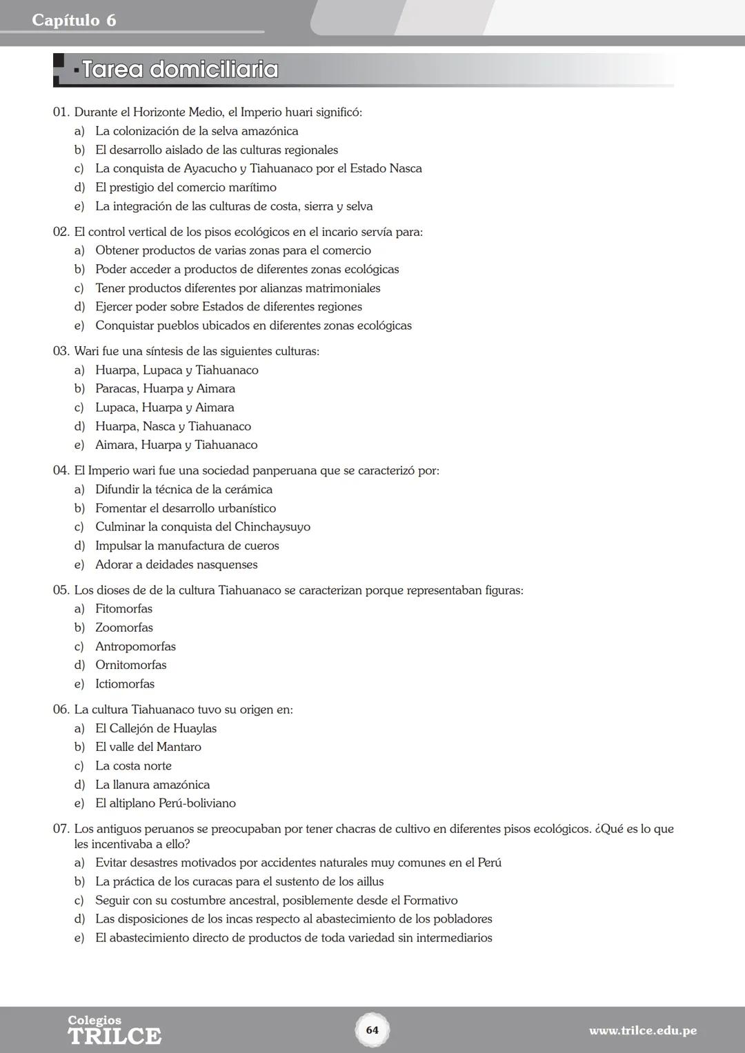 Colegios
# TRILCE
5.º San Marcos
Historia del Perú # Índice
I Bimestre
Capítulo 1
Primeros Pobladores Americanos
5
Capítulo 2
Poblamient