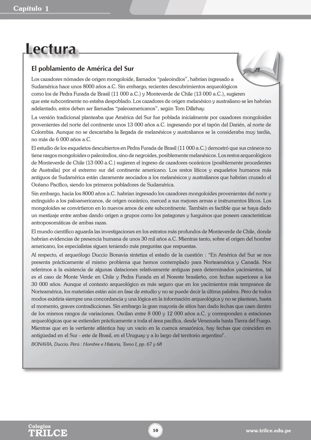 Colegios
# TRILCE
5.º San Marcos
Historia del Perú # Índice
I Bimestre
Capítulo 1
Primeros Pobladores Americanos
5
Capítulo 2
Poblamient