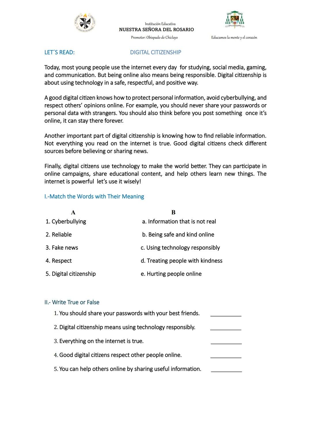 Institución Educativa
NUESTRA SEÑORA DEL ROSARIO
Promotor: Obispado de Chiclayo
Educamos la mente y el corazón
Competencia: Lee diversos tip