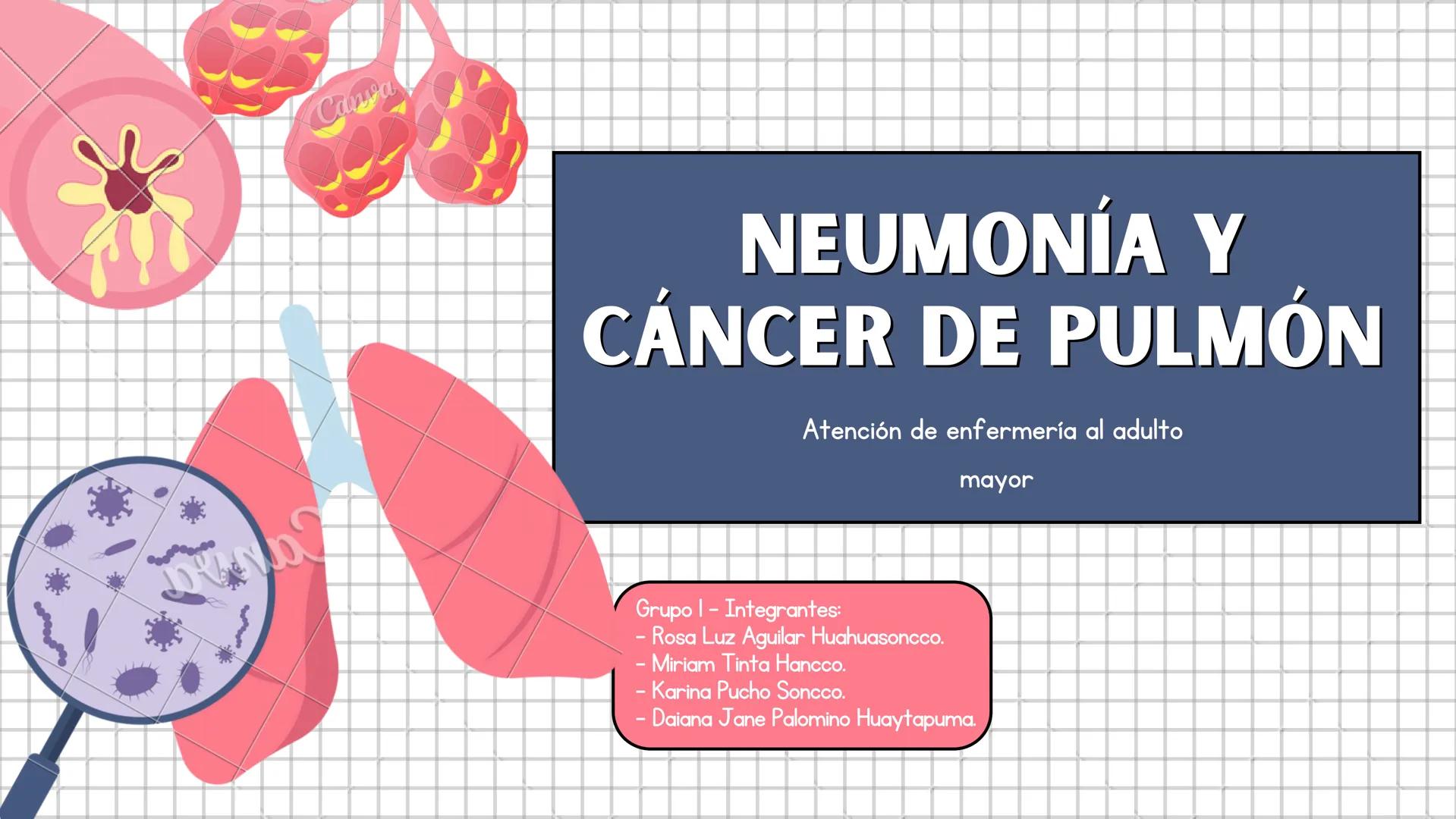 # NEUMONÍA Y
# CÁNCER DE PULMÓN
Atención de enfermería al adulto
mayor
Grupo I - Integrantes:
- Rosa Luz Aguilar Huahuasoncco.
- Miriam T