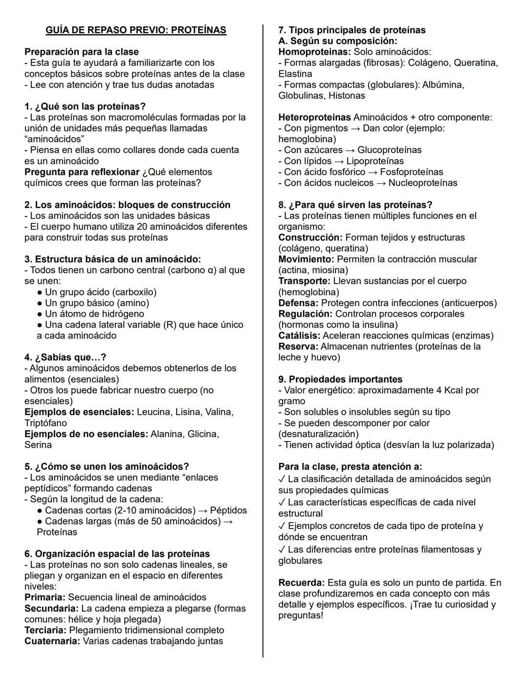 # GUÍA DE REPASO PREVIO: PROTEÍNAS
Preparación para la clase
- Esta guía te ayudará a familiarizarte con los
conceptos básicos sobre proteí