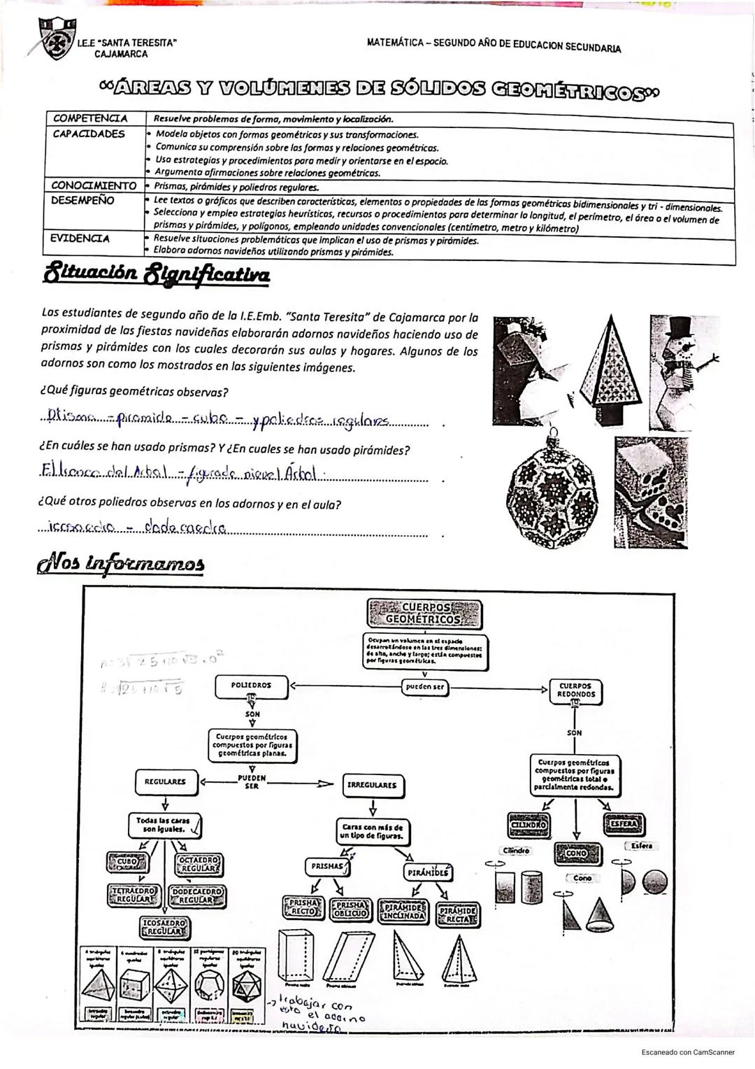 LELE "SANTA TERESITA"
CAJAMARCA
MATEMÁTICA - SEGUNDO AÑO DE EDUCACION SECUNDARIA
"ÁREAS Y VOLUMENES DE SÓLIDOS GEOMÉTRICOS"
| COMPETENCIA
