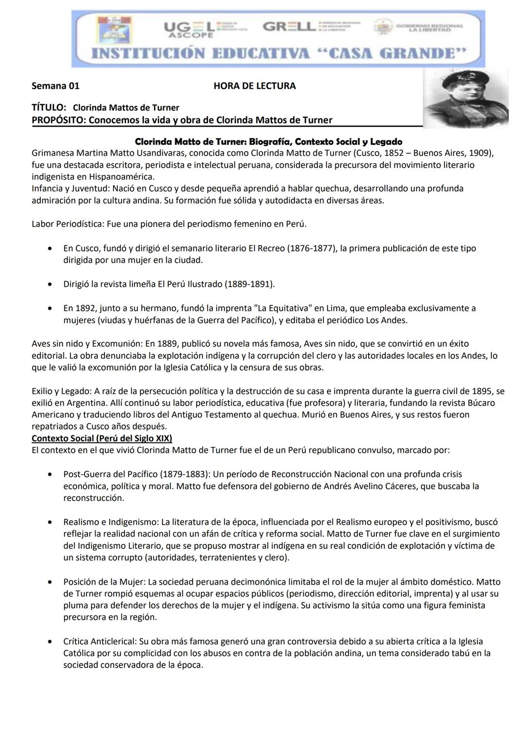 UGLE
ASCOPE
GRELL
INSTITUCIÓN EDUCATIVA "CASA GRANDE"
Semana 01 HORA DE LECTURA
TÍTULO: Clorinda Mattos de Turner
PROPÓSITO: Conocemos la v