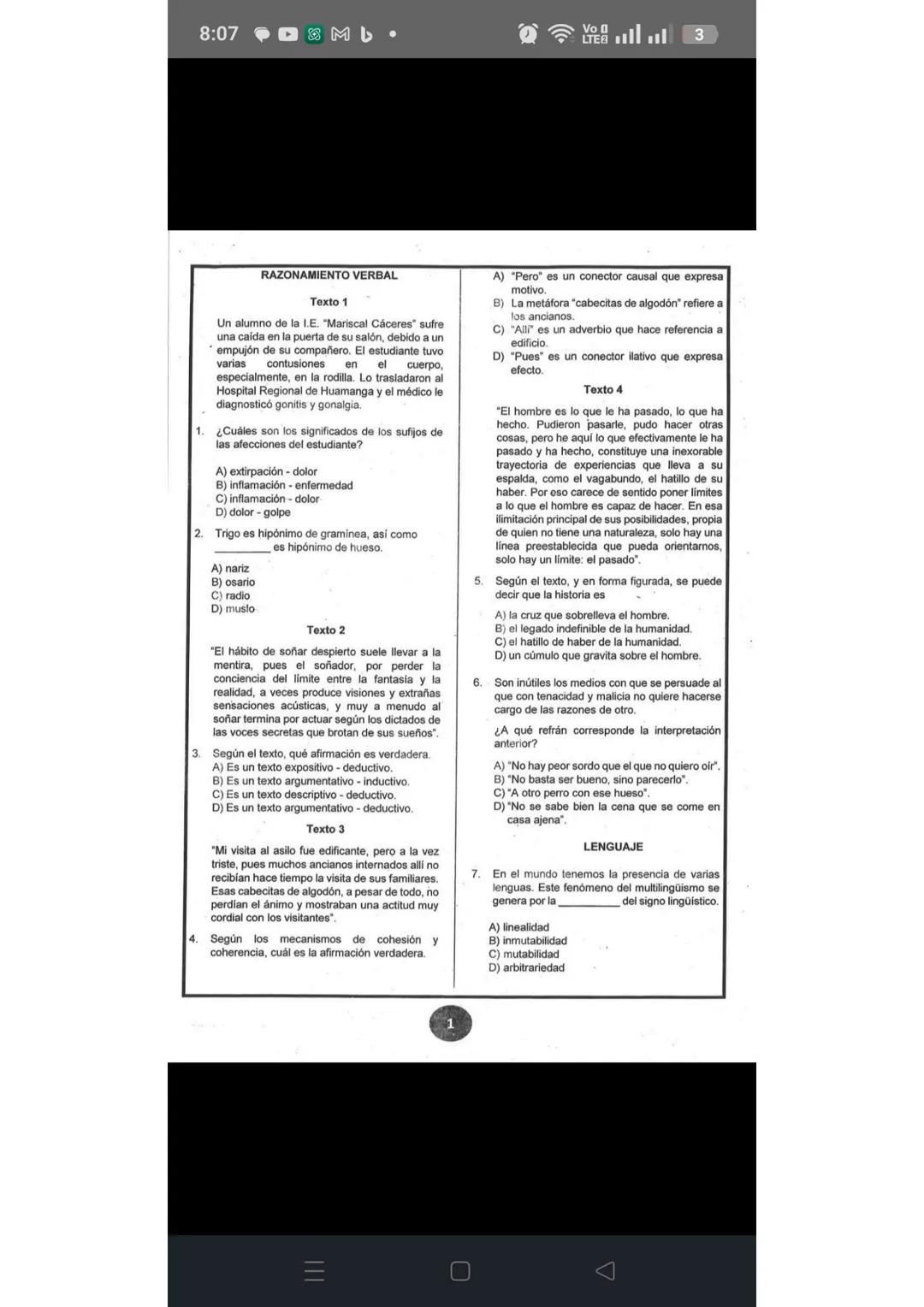 # RAZONAMIENTO VERBAL
1. En una campaña de vacunación, que se realizó en
el colegio "Mariscal Cáceres" hubo un incidente.
Uno de los estudi