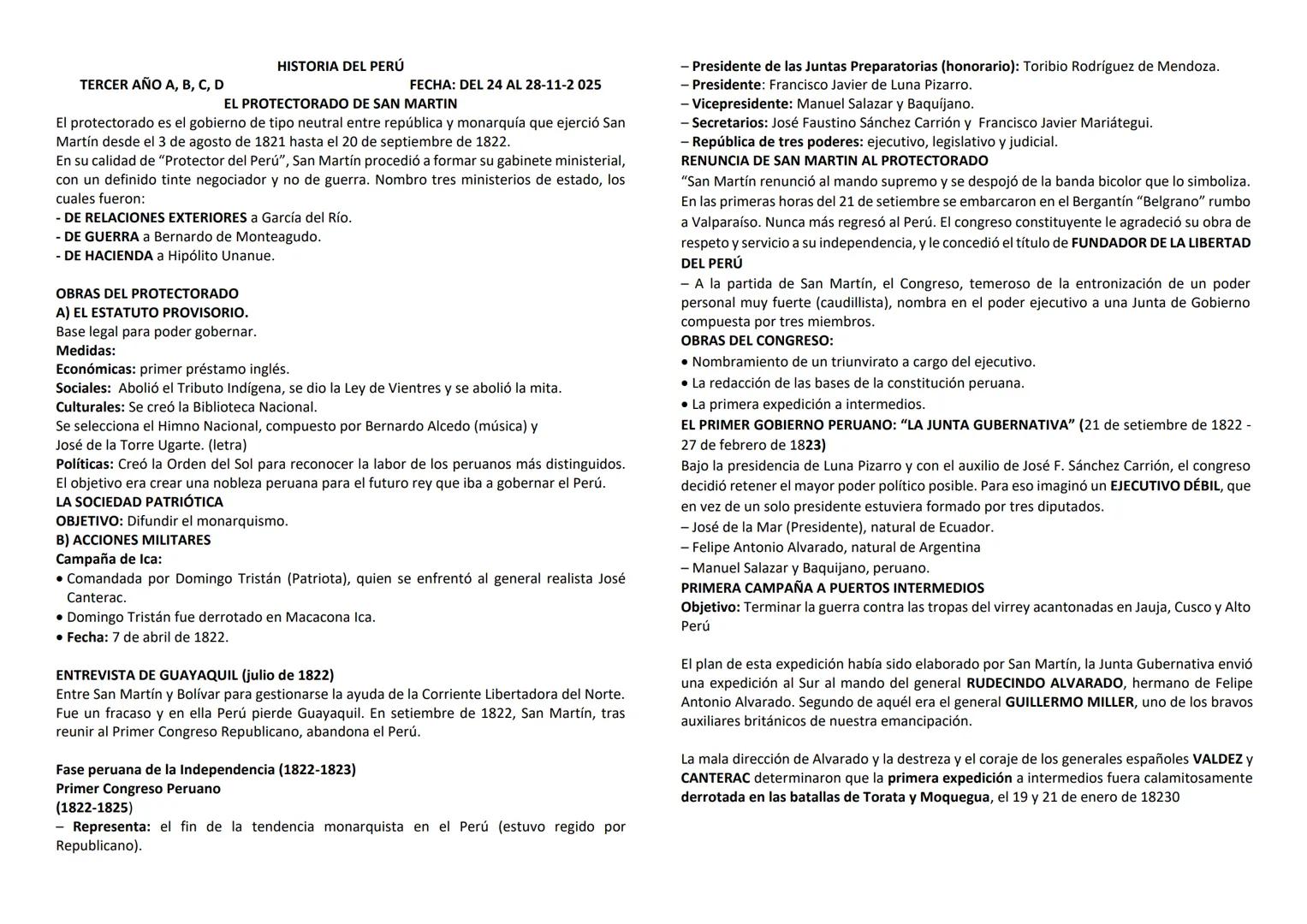 TERCER AÑO A, B, C, D
HISTORIA DEL PERÚ
FECHA: DEL 24 AL 28-11-2 025
EL PROTECTORADO DE SAN MARTIN
El protectorado es el gobierno de tipo
