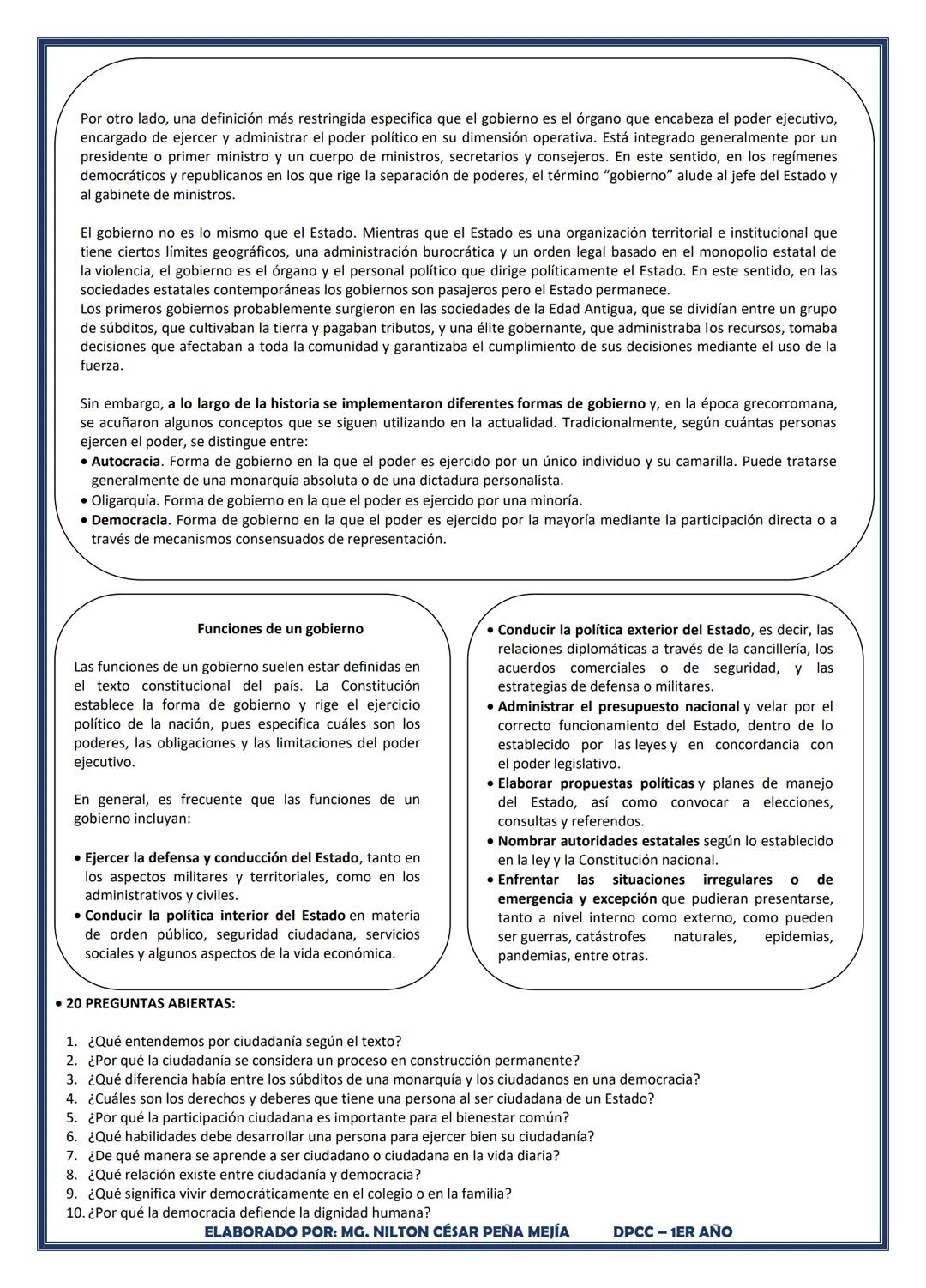 # ÁREA: DESARROLLO PERSONAL CIUDADANÍA Y CÍVICA
# IV BIMESTRE ACADÉMICO
# TEMA: EL GOBIERNO
Profesor (a):
NILTON CÉSAR PEÑA MEJÍA
Estud