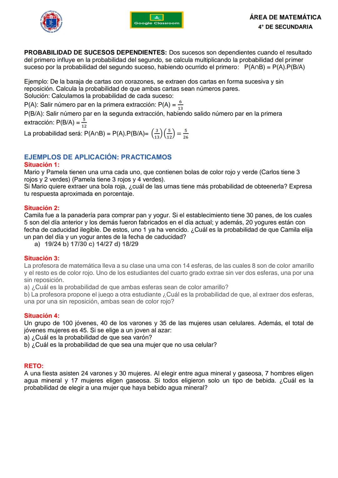 # Google Classro
ÁREA DE MATEMÁTICA
4° DE SECUNDARIA
ACTIVIDAD INSTITUCIONAL 1-S8-IV-EDA
"LA PROBABILIDAD PARA TOMAR DECISIONES"
Competenc