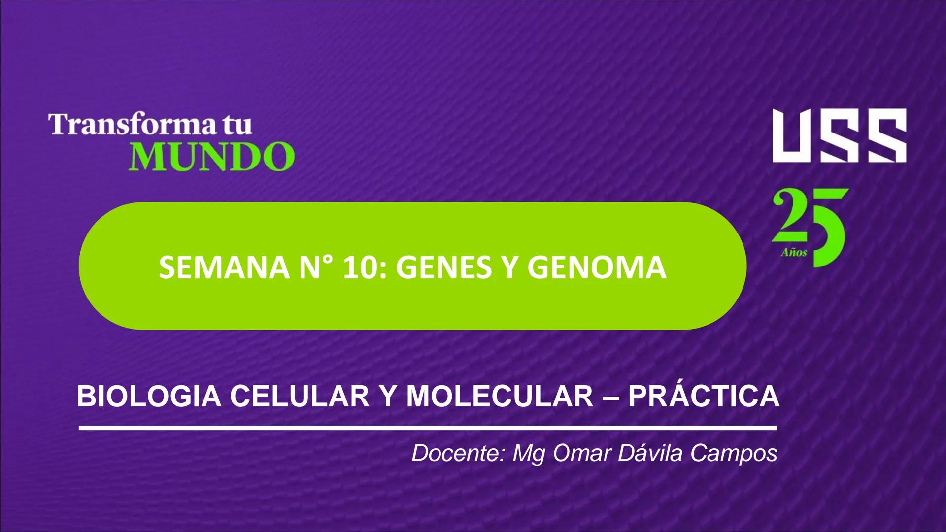 Transforma tu
MUNDO
SEMANA N° 10: GENES Y GENOMA
BIOLOGIA CELULAR Y MOLECULAR – PRÁCTICA
-
Docente: Mg Omar Dávila Campos
USS
25
Años # T