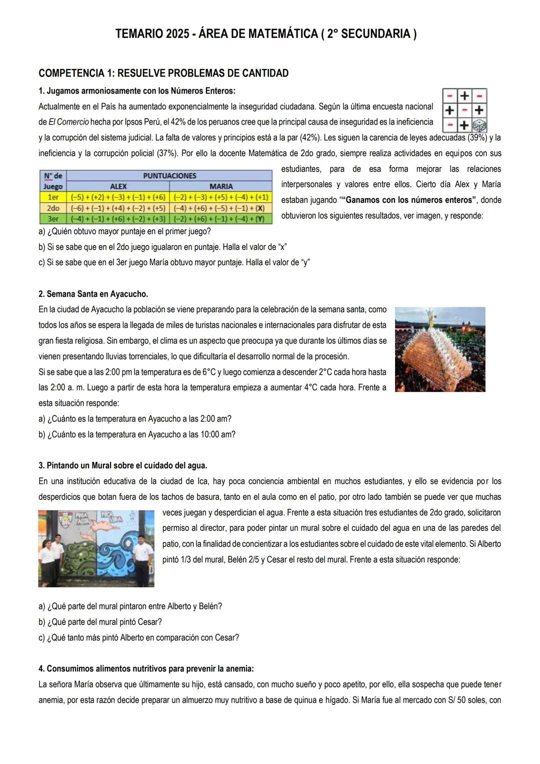 # TEMARIO 2025 - ÁREA DE MATEMÁTICA (2° SECUNDARIA)
COMPETENCIA 1: RESUELVE PROBLEMAS DE CANTIDAD
1. Jugamos armoniosamente con los Número