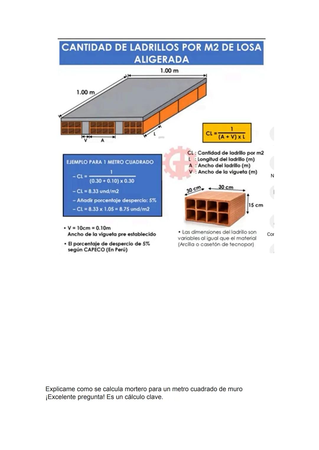 1.00 m
1.00 m
$V_{mo} = V_{mu} - Vl_{ad}$
$V_{mo}$: Volumen Mortero (m3/m2)
$V_{mu}$: Volumen Muro (m3/m2)
$V_{lad}$: Volumen Ladrillo