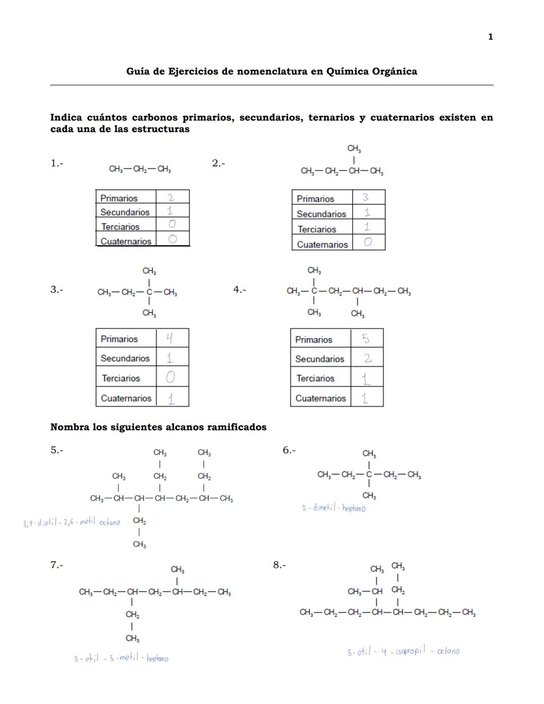 Guía de Ejercicios de nomenclatura en Química Orgánica
1
Indica cuántos carbonos primarios, secundarios, ternarios y cuaternarios existen en