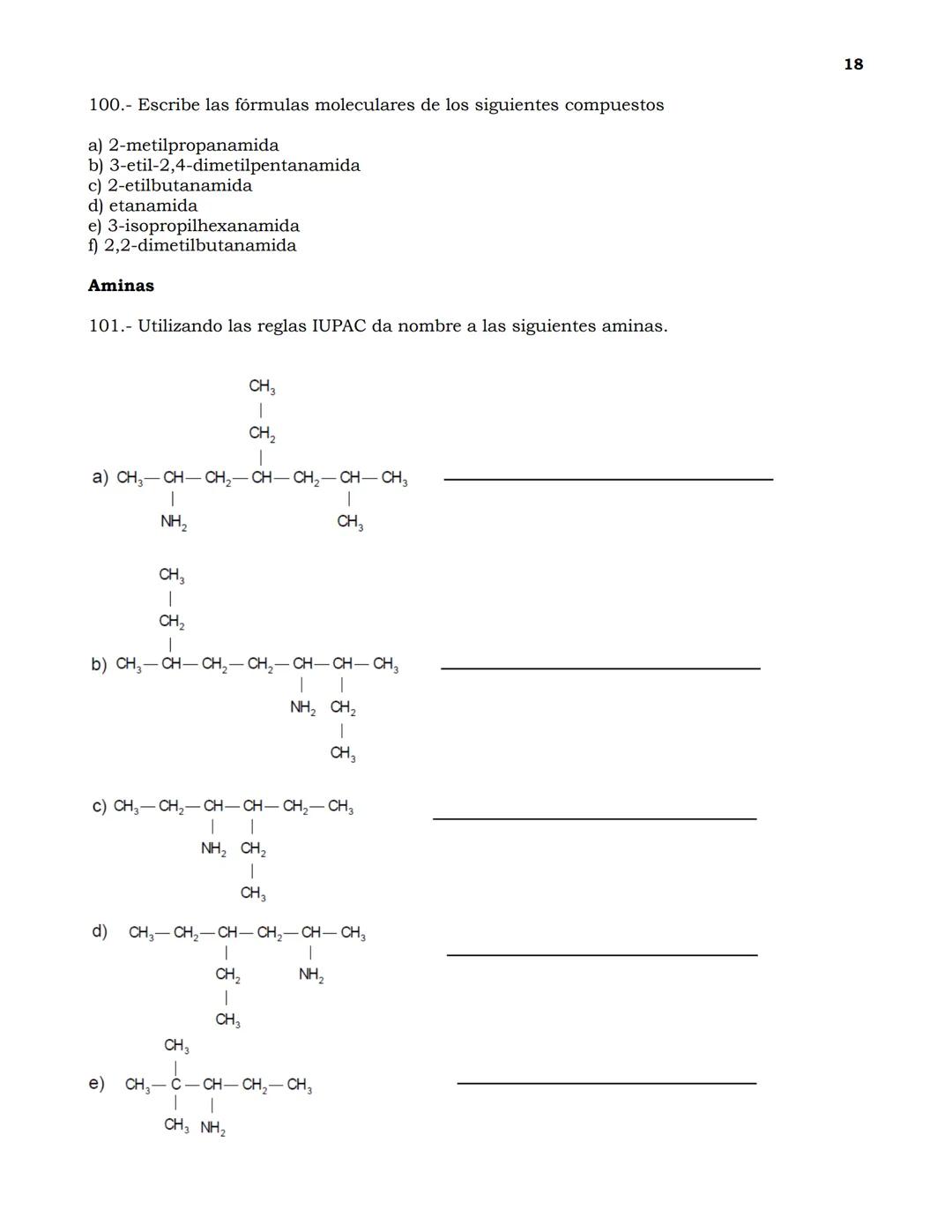 Guía de Ejercicios de nomenclatura en Química Orgánica
1
Indica cuántos carbonos primarios, secundarios, ternarios y cuaternarios existen en