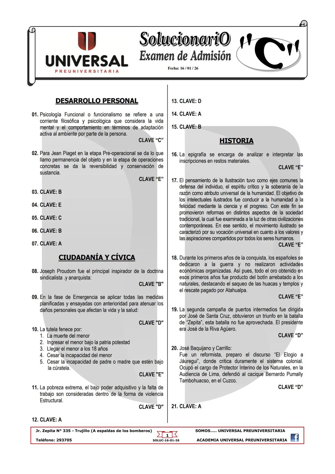 # Solucionario H
UNIVERSAL Examen de Admisión
PREUNIVERSITARIA
Fecha: 16/01/26
C
## DESARROLLO PERSONAL
01. Psicología Funcional o funciona