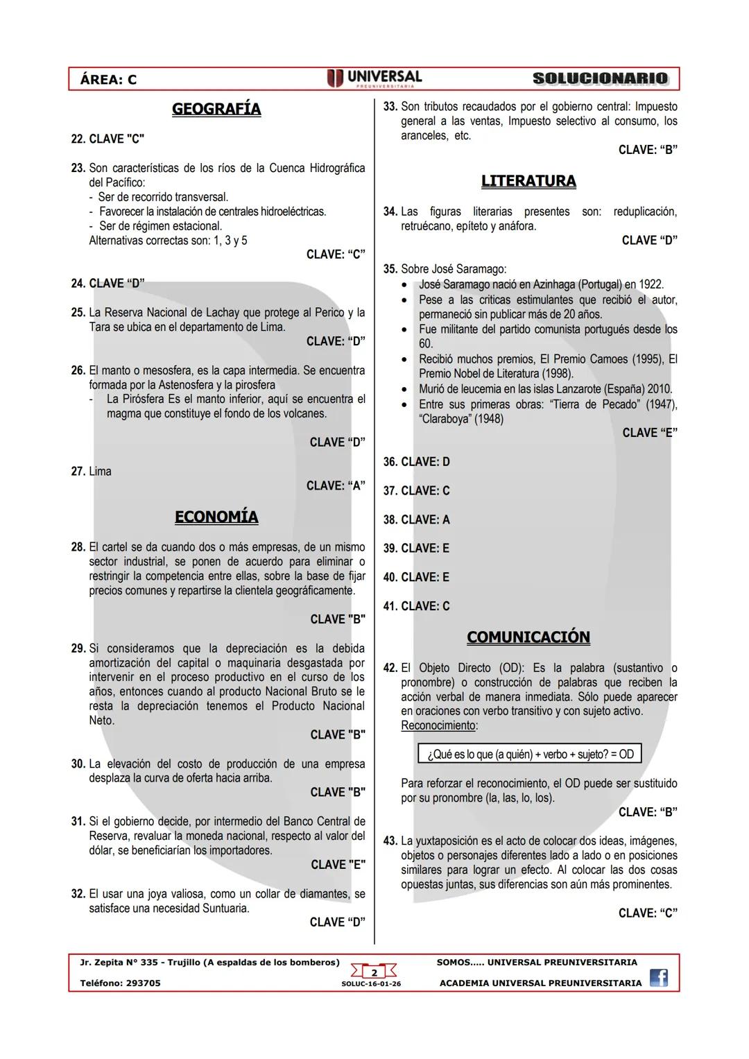 # Solucionario H
UNIVERSAL Examen de Admisión
PREUNIVERSITARIA
Fecha: 16/01/26
C
## DESARROLLO PERSONAL
01. Psicología Funcional o funciona