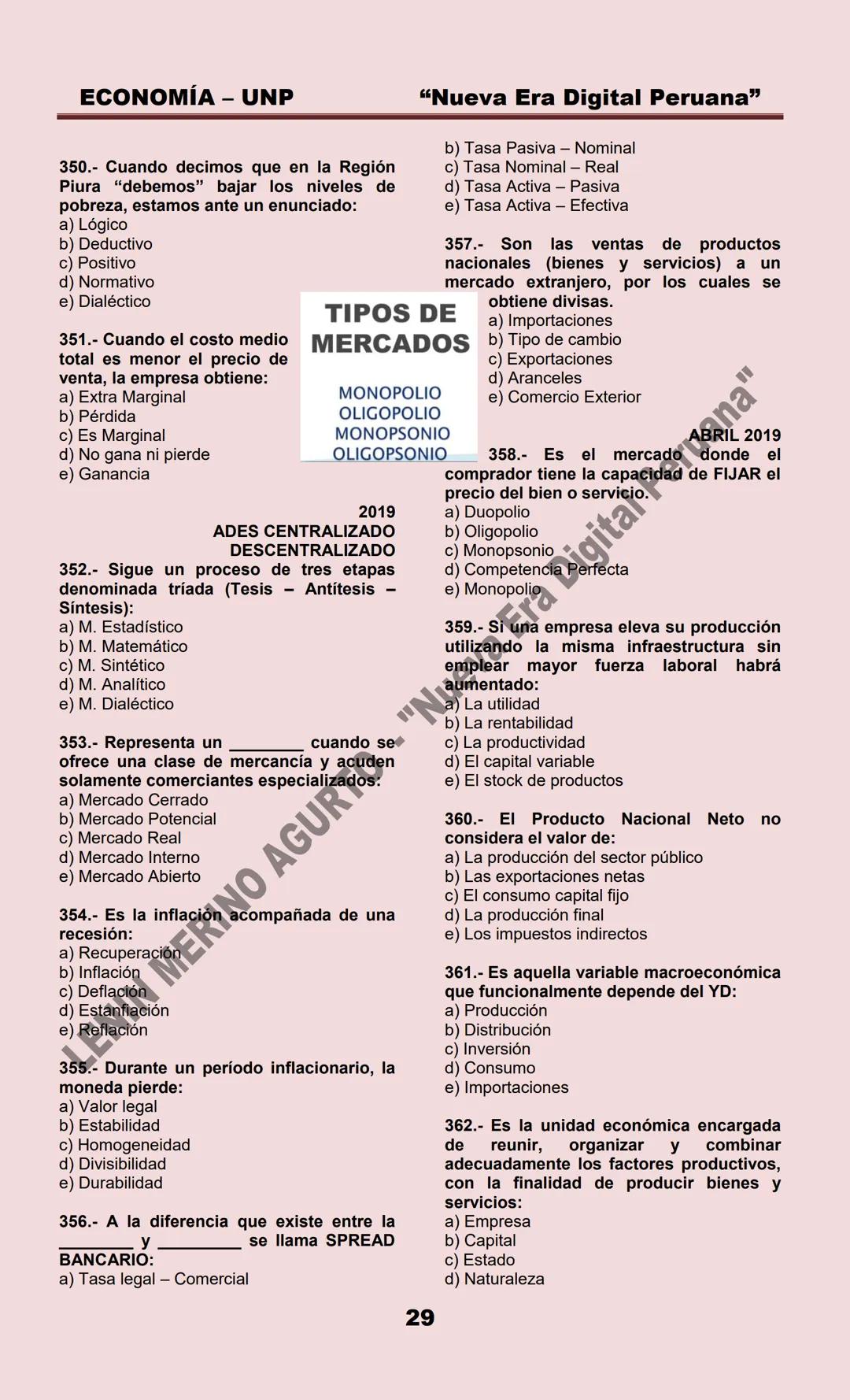 # ECONOMÍA – UNP
ECONOMIA
MARZO 1999
1.- La Microeconomía estudia:
a) La política económica
b) La política fiscal
c) La política monetari