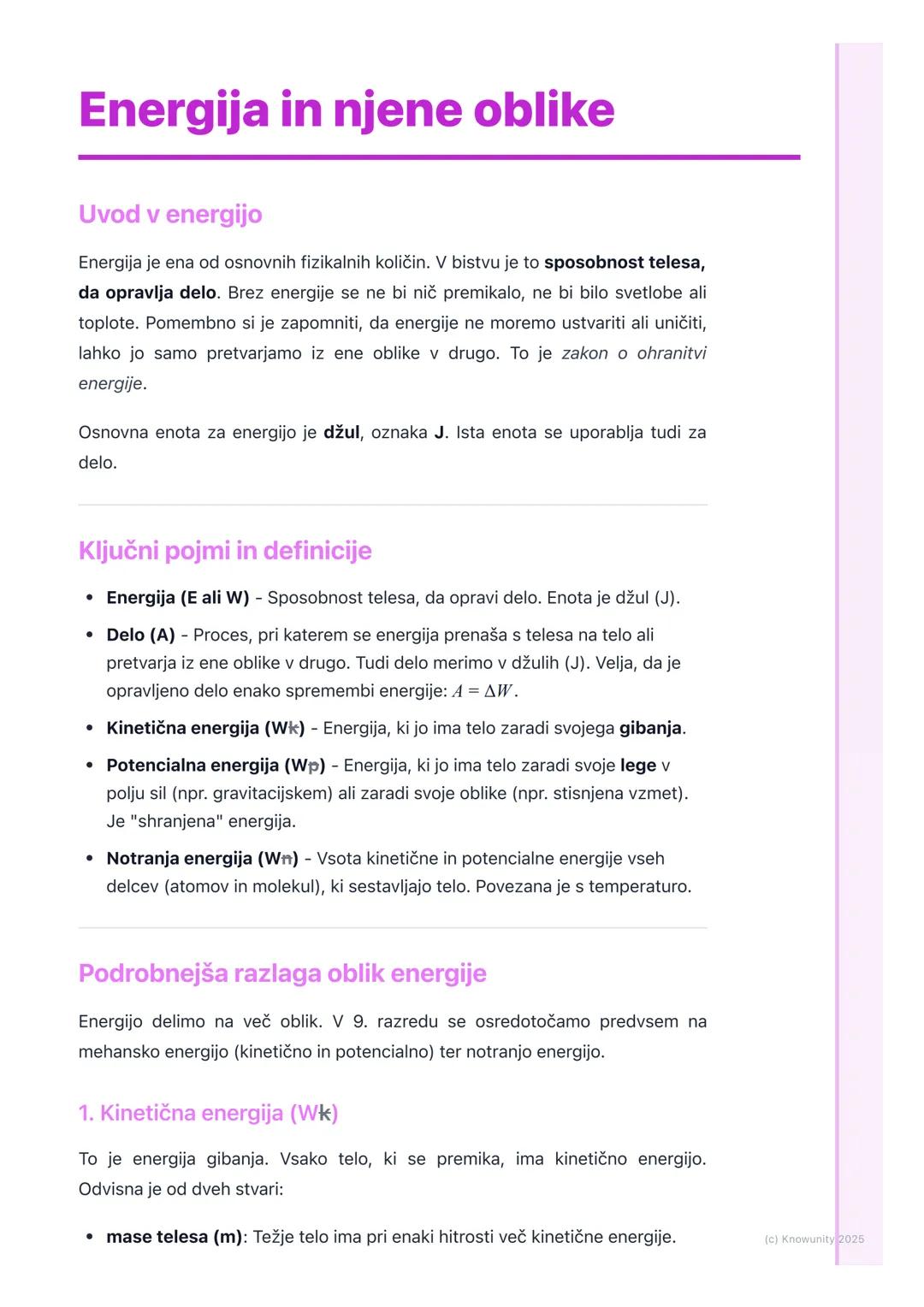 # Energija in njene oblike
Uvod v energijo
Energija je ena od osnovnih fizikalnih količin. V bistvu je to sposobnost telesa,
da opravlja d