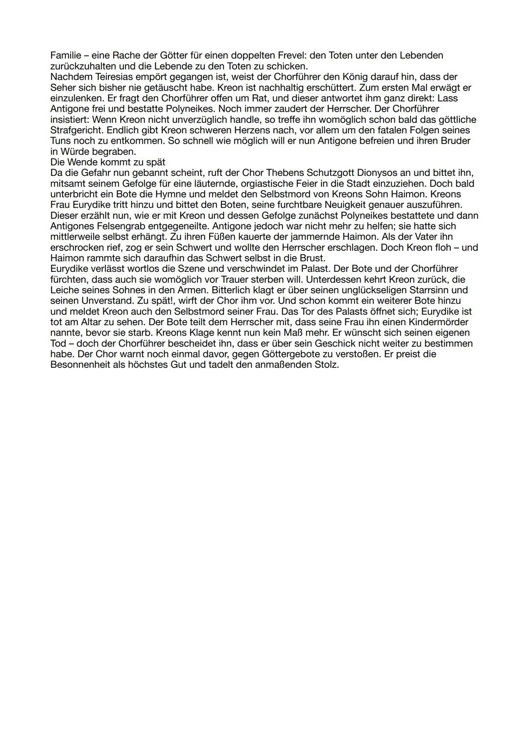 # Zusammenfassung Antigone
Antigone und ihre Schwester Ismene gehen aus dem Königspalast von Theben, um allein
miteinander zu sprechen. Sie