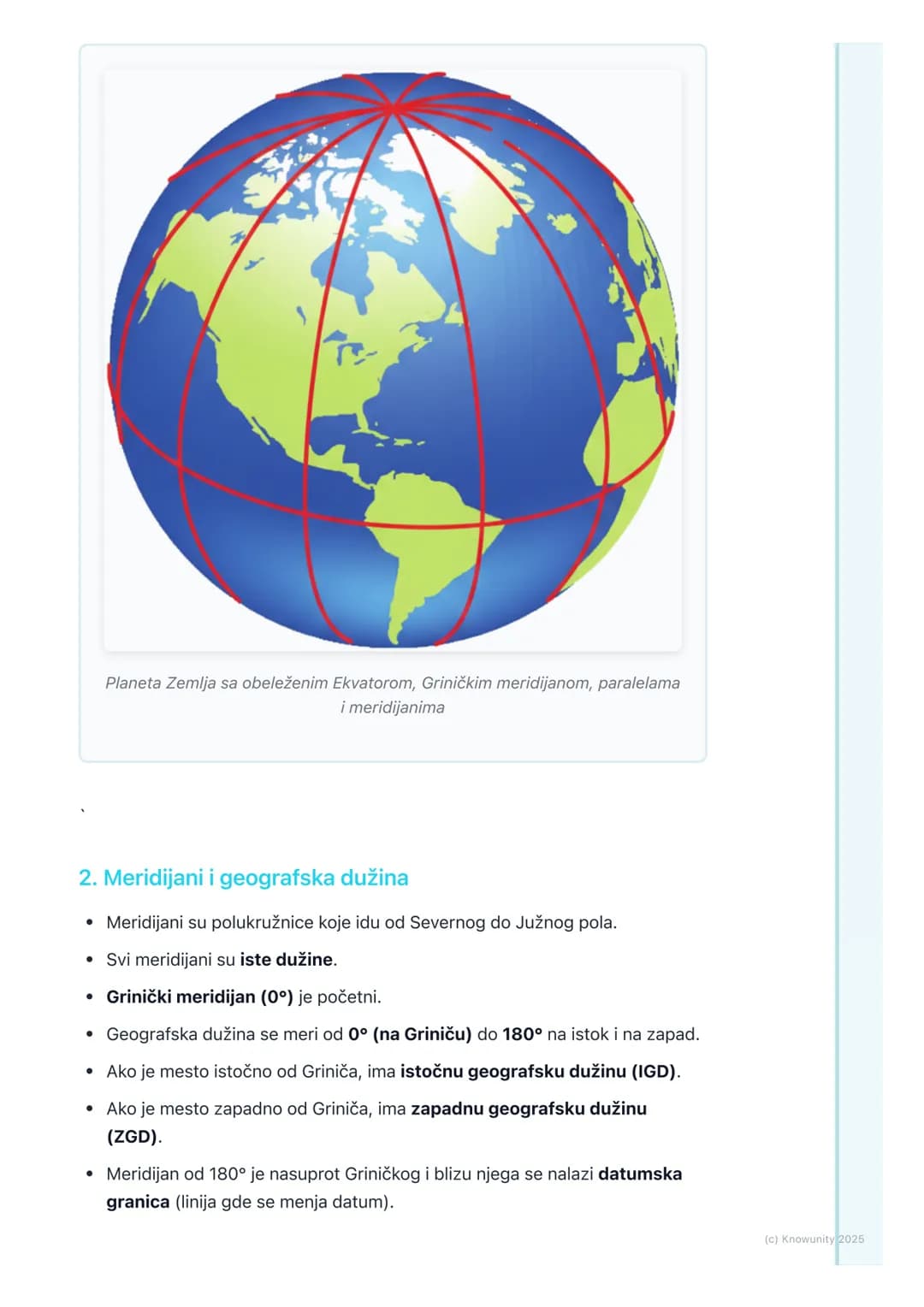 # Geografska mreža i koordinate
Geografska mreža - uvod
Geografska mreža je sistem zamišljenih linija na Zemlji koje nam pomažu da
odredim
